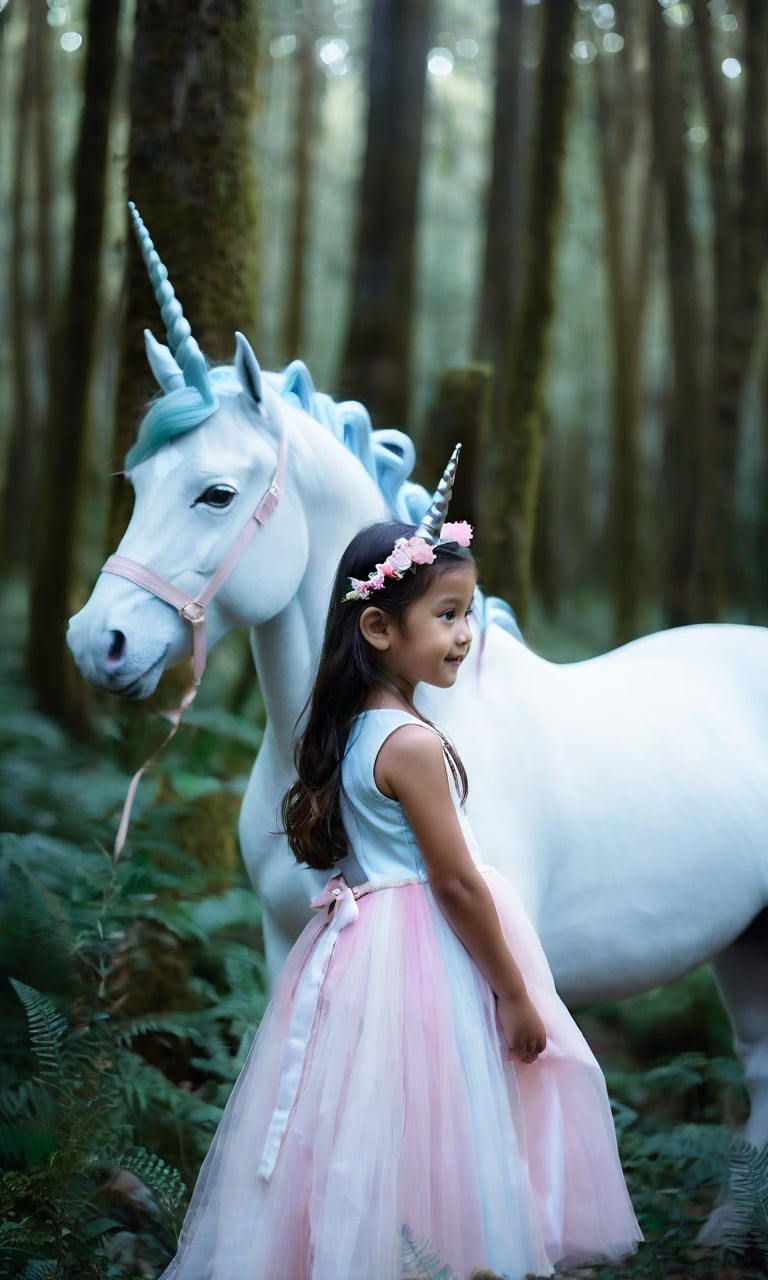 A whimsical photograph captures the magical moment when a young girl encounters a legendary magic unicorn::3  with white horn on the head in a fantastical forest. The scene is bathed in dreamlike hues of pastel pinks and soft blues::3,creating an enchanting atmosphere. The composition is daring,with the girl and the unicorn positioned off-center,emphasizing the vastness of the mystical forest::4 Creative special effects add an ethereal touch,making the unicorn appear as if it's emerging from another realm. The interplay of creative lighting and shadows adds depth and emotion to the scene,conveying the girl's awe and wonder. Shot with a Nikon Z7,f/2.8 aperture,ISO 200,shutter speed 1/400.,