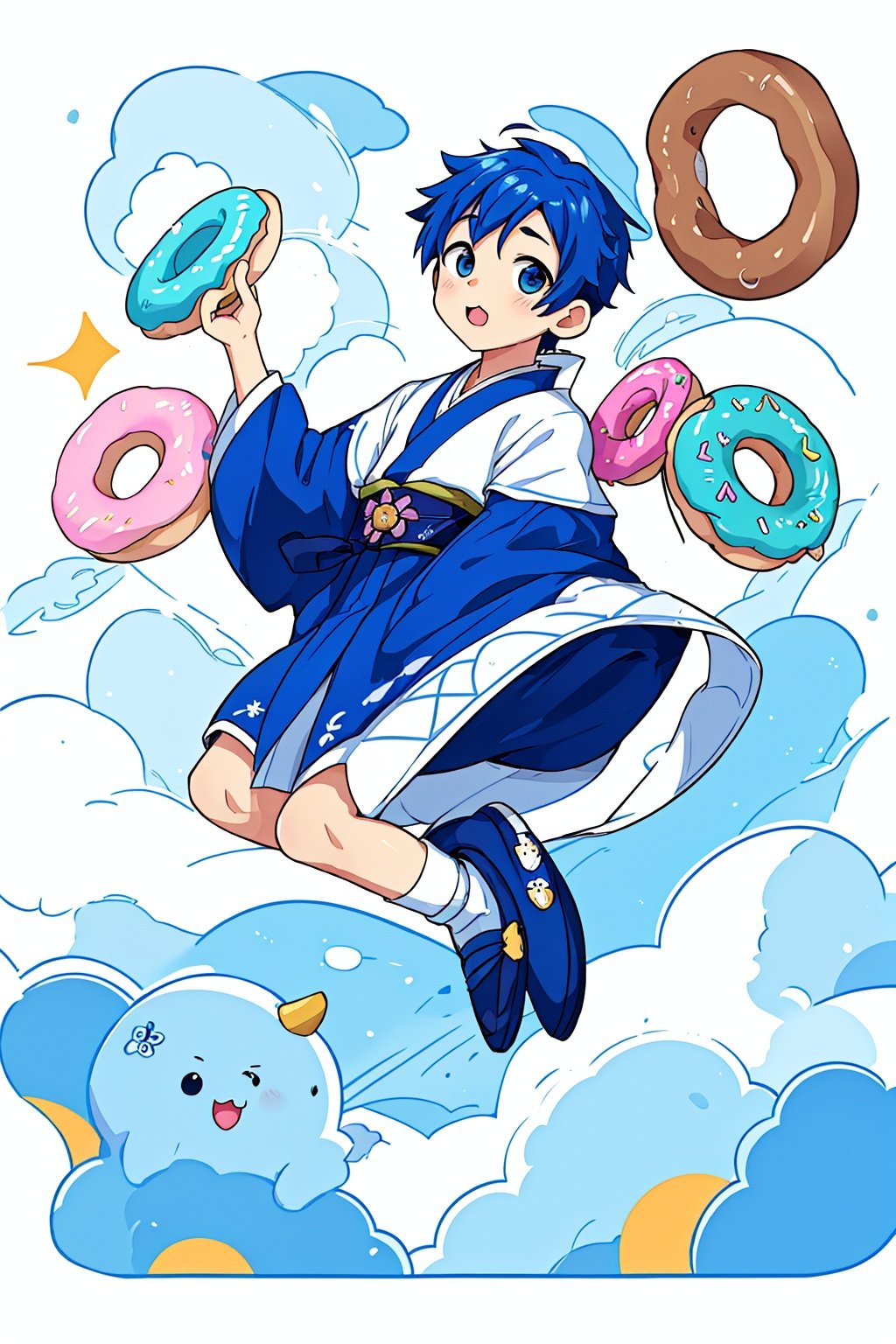 (male:1), style of Chiho Aoshima, adorable, cute, a boy, 1boy:0.8,undercut,royal blue hair, puffy dress, flying donuts, full body, warm colors, simple white background, in clouds, Illustration, cover art, japan, blur, shiny, minimalistic, eguchistyle, simplecats