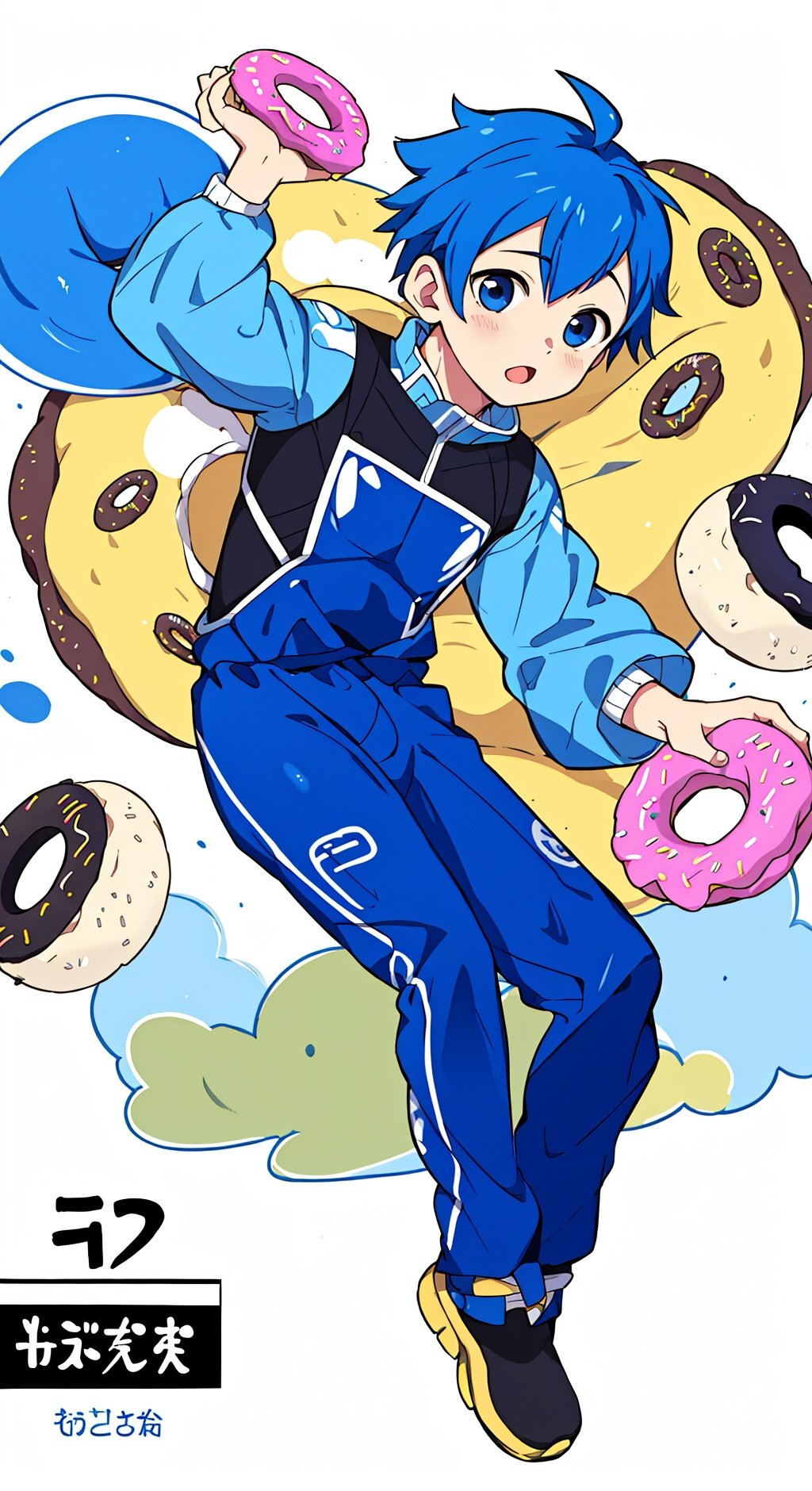 (male:1), style of Chiho Aoshima, adorable, cute, a boy, 1boy:0.8,undercut,royal blue hair, puffy bodysuit, flying donuts, full body, warm colors, simple white background, in clouds, Illustration, cover art, japan, blur, shiny, minimalistic, eguchistyle, simplecats