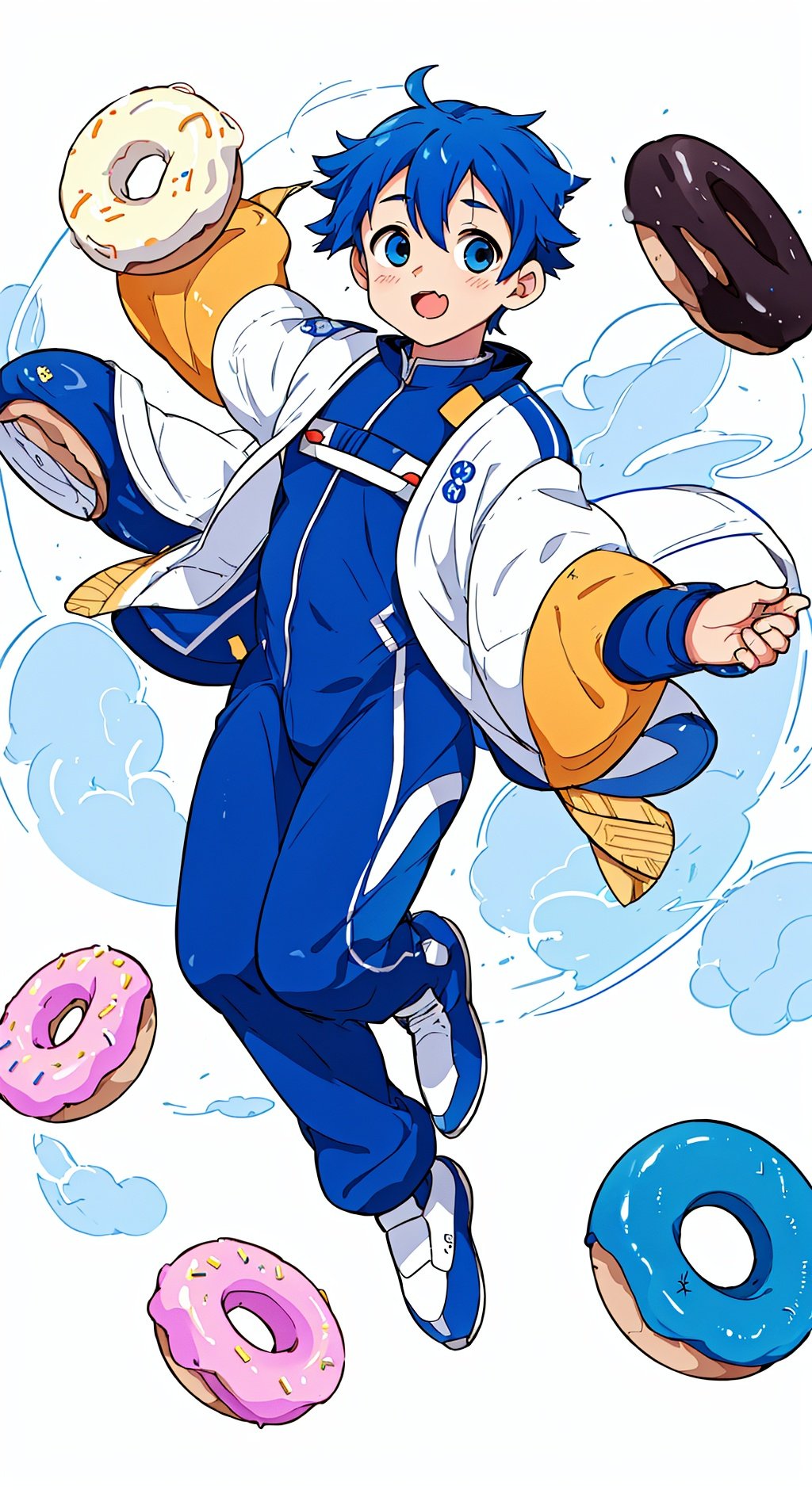 (male:1), style of Chiho Aoshima, adorable, cute, a boy, 1boy:0.8,undercut,royal blue hair, puffy bodysuit, flying donuts, full body, warm colors, simple white background, in clouds, Illustration, cover art, japan, blur, shiny, minimalistic, eguchistyle, simplecats