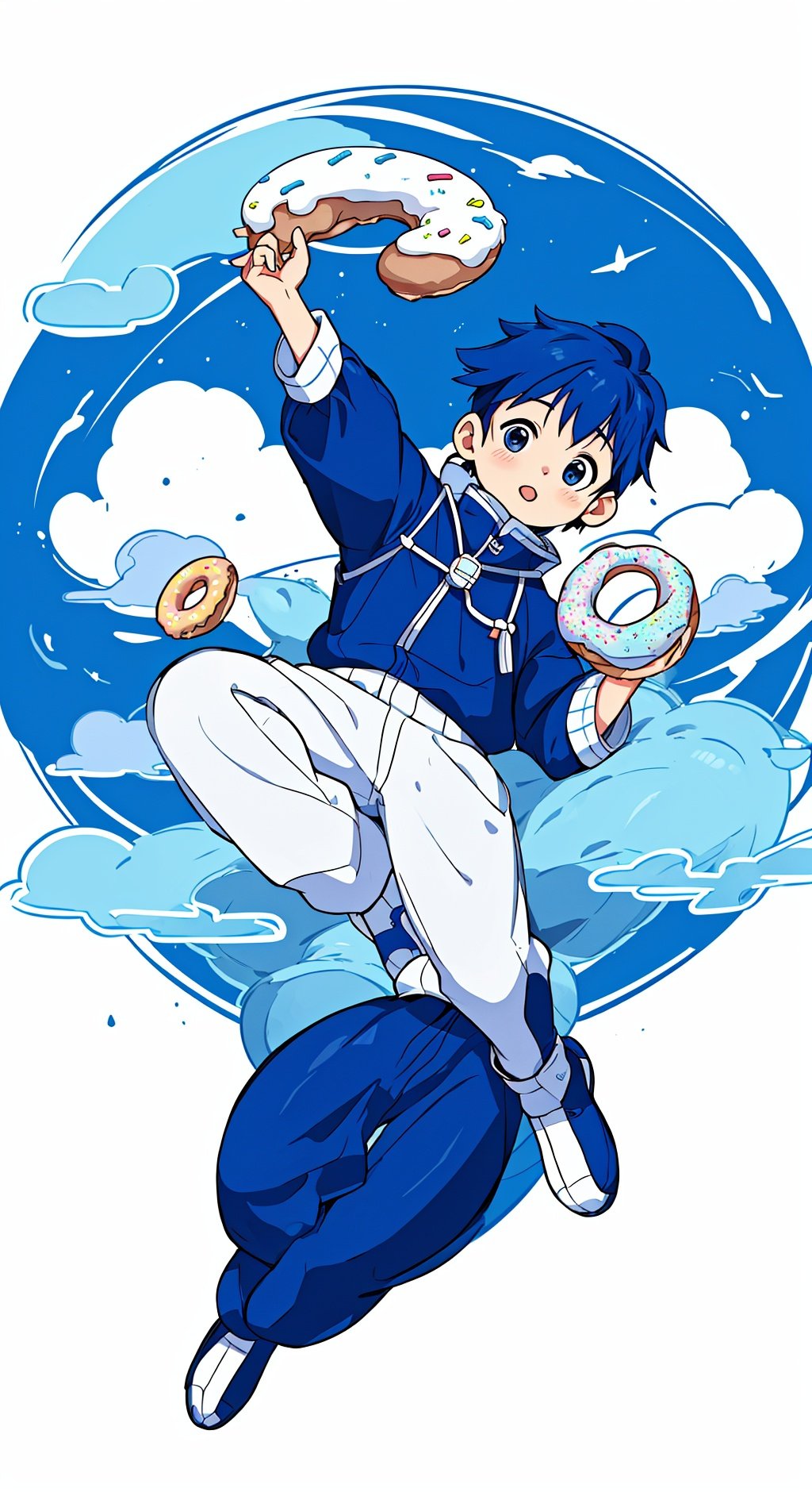 (male:1), style of Chiho Aoshima, adorable, cute, a boy, 1boy:0.8,undercut,royal blue hair, puffy bodysuit, flying donuts, full body, warm colors, simple white background, in clouds, Illustration, cover art, japan, blur, shiny, minimalistic, eguchistyle, simplecats