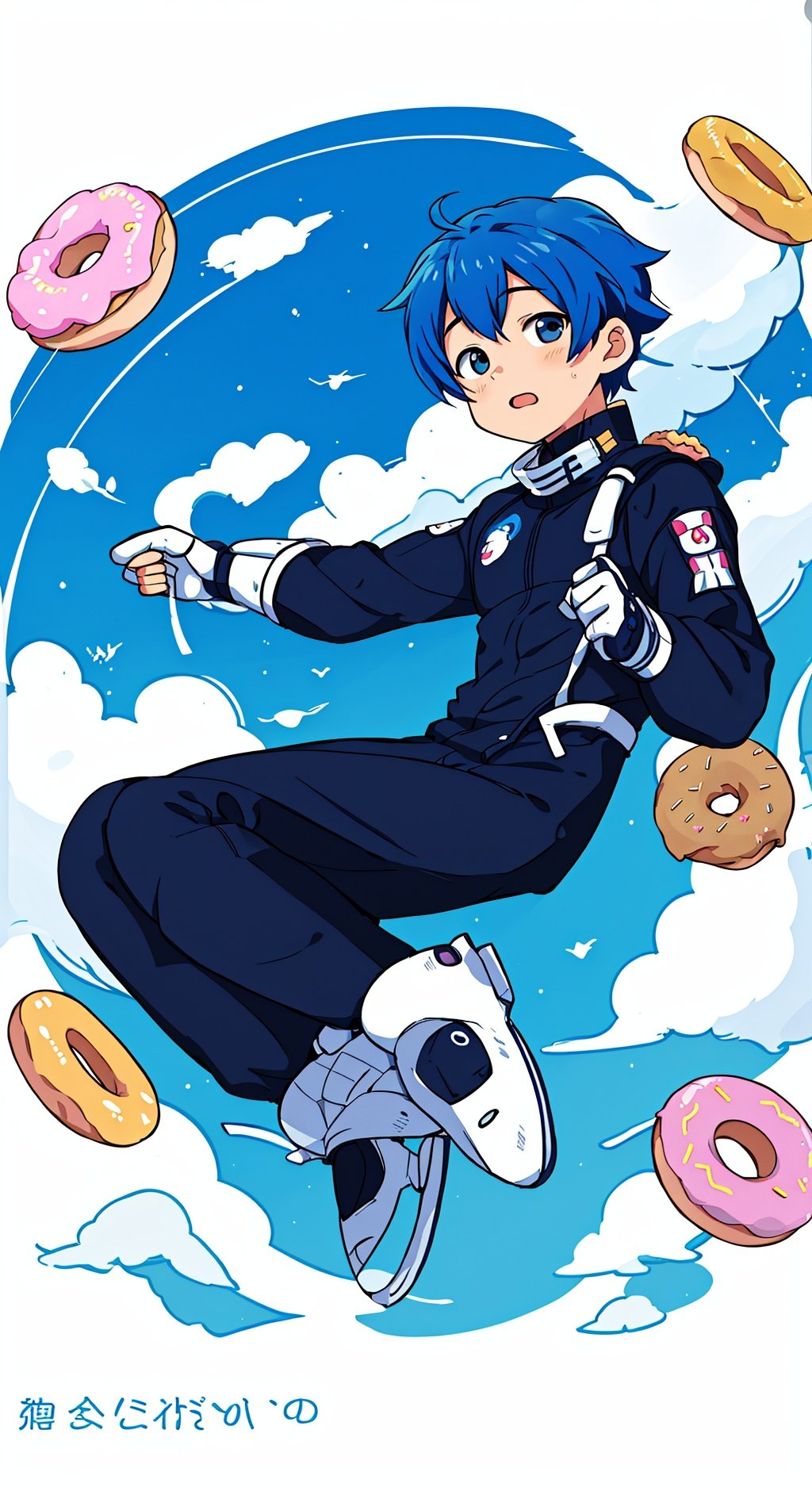 (male:1), style of Chiho Aoshima, adorable, cute, a boy, 1boy:0.8,undercut,royal blue hair, puffy bodysuit, flying donuts, full body, warm colors, simple white background, in clouds, Illustration, cover art, japan, blur, shiny, minimalistic, eguchistyle, simplecats