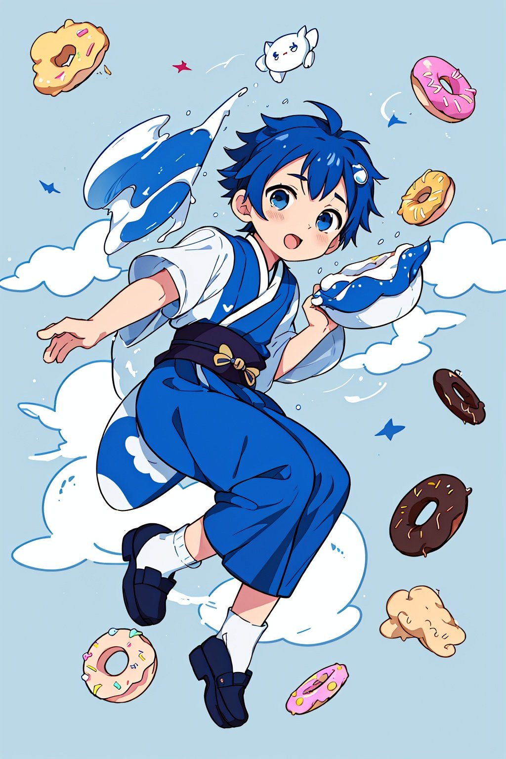 (male:1), style of Chiho Aoshima, adorable, cute, a boy, 1boy:0.8,undercut,royal blue hair, puffy dress, flying donuts, full body, warm colors, simple white background, in clouds, Illustration, cover art, japan, blur, shiny, minimalistic, eguchistyle, simplecats