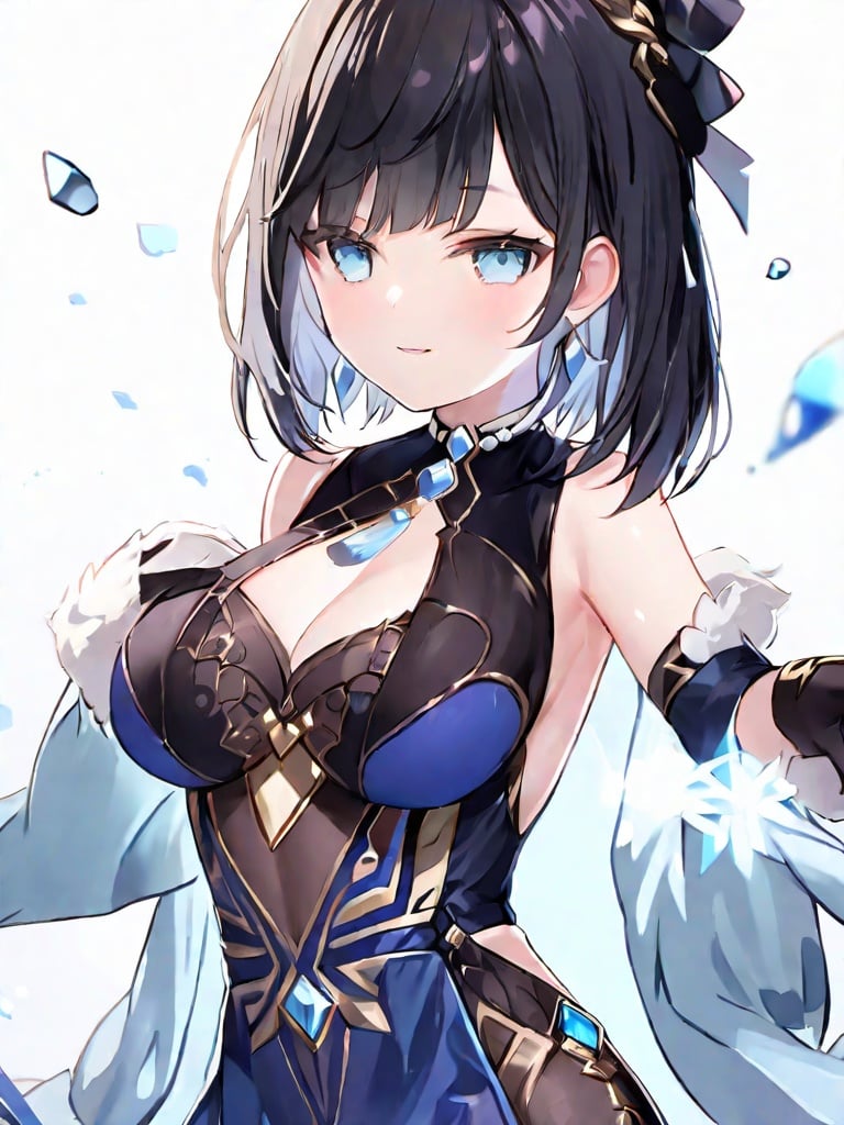 (((masterpiece))), ((best quality)), hyper quality, official art, extremely detailed CG unity 8k wallpaper, highly detailed, (super fine illustration), highres, (ultra-detailed), detailed face4, 
(\ye lan\), 1girl, solo, bangs, gloves,  bare shoulders, looking at viewer, fur trim, elbow gloves, blue dress, jewelry, full body, parted lips, black gloves, clothing cutout, sleeveless, cleavage cutout, earrings, smile, 