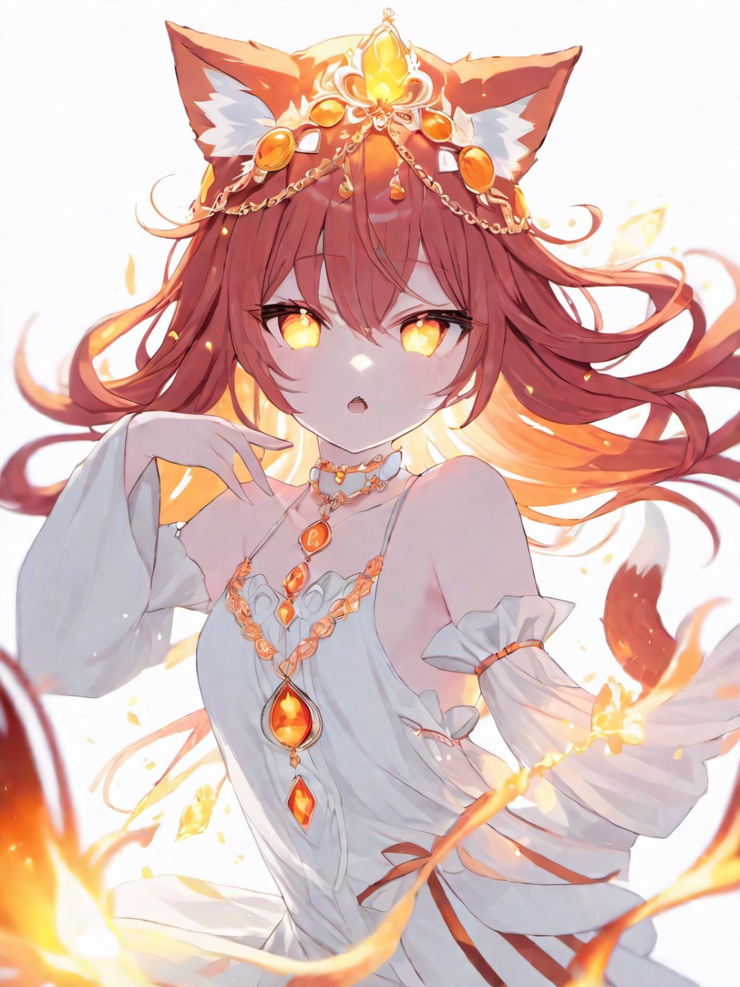 (cute flame foxy, flaming veins, flaming crown), red and orange tones, (masterpiece, best quality, ultra-detailed, best shadow), (detailed background, fantasy), princess cloth, (beautiful detailed face), high contrast, (best illumination, an extremely delicate and beautiful), ((cinematic light)), colorful, hyper detail, dramatic light, intricate details, (1girl, 20 year old, solo, red hair, sharp face, amber eyes, hair between eyes,dynamic angle), blood splatter, swirling black light around the character, depth of field, light particles,(broken glass),magic circle, (full body), Spirit Fox Pendant, , 