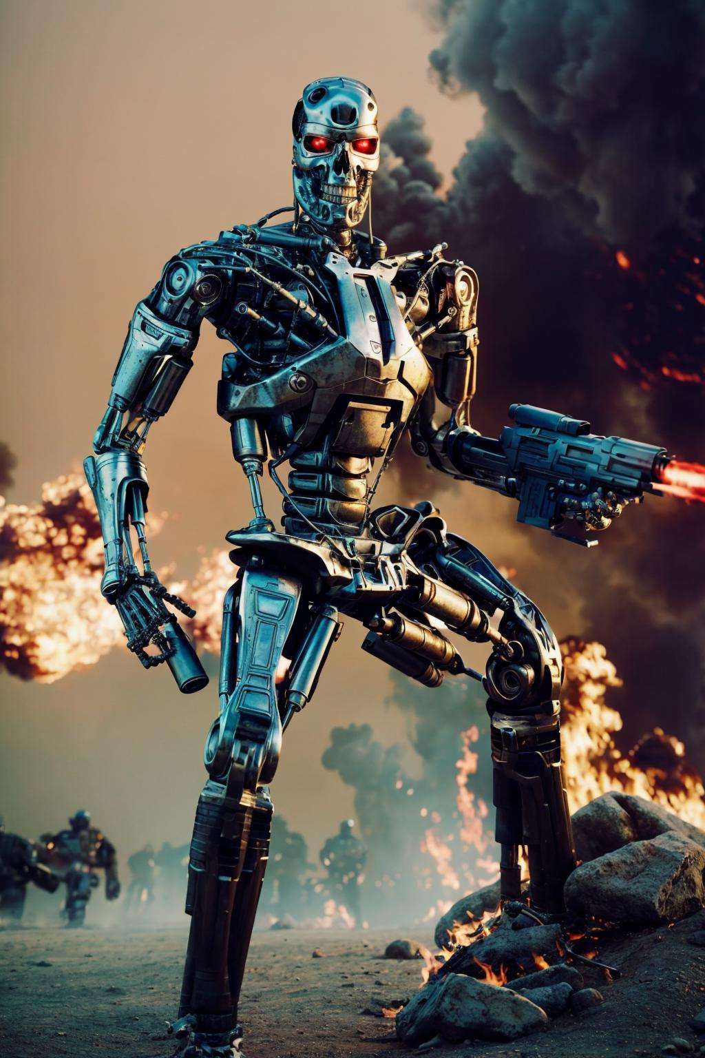 <lora:T800Endoskeleton-10:0.8>, (RAW photo, real life, absurdres, high quality, photorealistic, detailed, realistic:1.3), (solo:1.3), ((dynamic pose)), a high resolution photo of a T800Endoskeleton robot with red eyes and metal skull face and chrome metal body and holding a futuristic  gun, standing on a hill of skulls,  dark sky and smoke and explosions and robots and post apocalypse war in the background, cinematic, atmospheric, 8k, realistic lighting, shot by Hassleblad H6D, Zeiss, Kodachrome, nikon, 50mm 1.2 lens, Octane Render, ultra realistic, realistic lighting, photorealistic, photorealism, photoreal, unreal engine 5, Adobe After FX, highly detailed, intricate detail 
