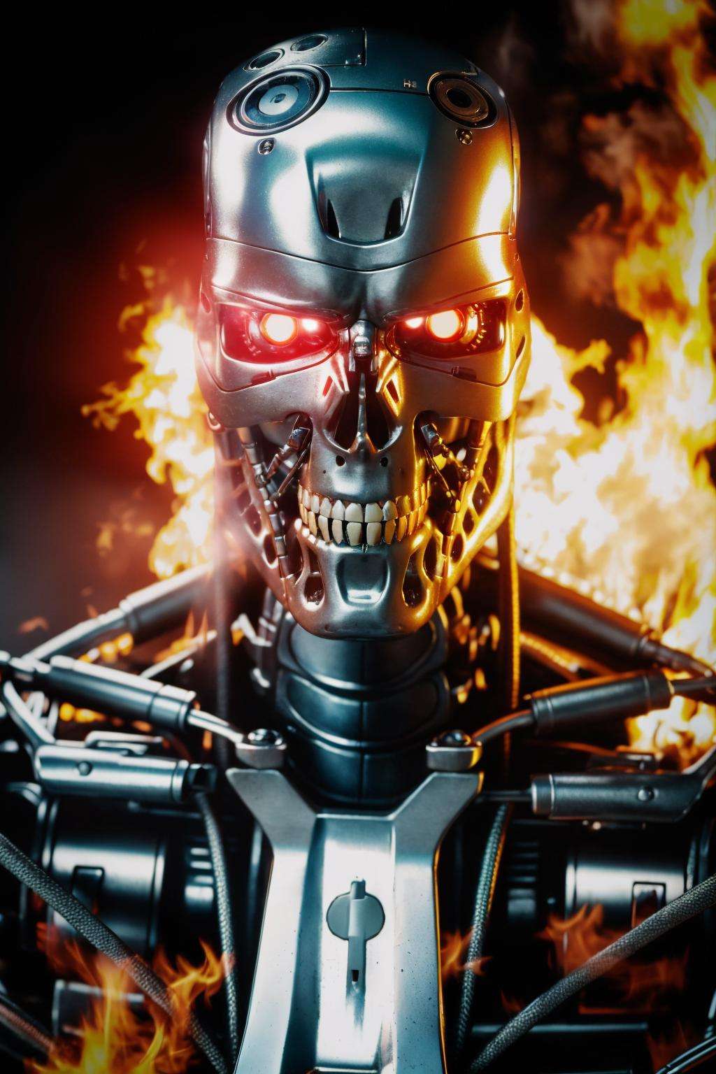 <lora:T800Endoskeleton-10:0.8>, (RAW photo, real life, absurdres, high quality, photorealistic, detailed, realistic:1.3), (solo:1.3), ((closeup head shot)), a high resolution photo of a T800Endoskeleton robot with red eyes and metal skull face and chrome metal body, eyes looking towards camera, on fire, flames, smoke and dark background, cinematic, atmospheric, 8k, realistic lighting, shot by Hassleblad H6D, Zeiss, Kodachrome, nikon, 50mm 1.2 lens, Octane Render, ultra realistic, realistic lighting, photorealistic, photorealism, photoreal, unreal engine 5, Adobe After FX, highly detailed, intricate detail 