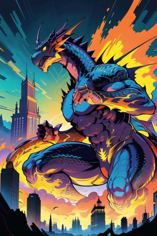 inked, full color line art, poster art, masterpiece, best quality, sharp focus, 8k, artstation, highly detailed, solo, best illustration of a big dragon, destroying a city, detailed eyes, dynamic pose, dynamic angle, medium shot, symmetry, centered, perspective