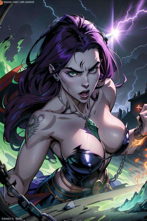 inked, splash art, cover art, masterpiece, best quality, highly detailed, intricate, 8k, sharp focus, portrait of beautiful queen of witch cultlist showing her power, magical rune, chain, spawn style, beautiful face, detailed eyes, very long hair, messy, green purple flaming aura, toxic, [scream], (angry:0.5), thunder, storm, epic scene, dynamic angle, dynamic pose, intense shadow, vfx, by todd mcfarlane