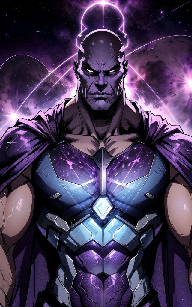 man, male focus, stunning angry Thanos, bald, purple cape, nebula space background, volumetric light, upper body, muscle, muscular, fantasy, dynamic angle, dynamic pose