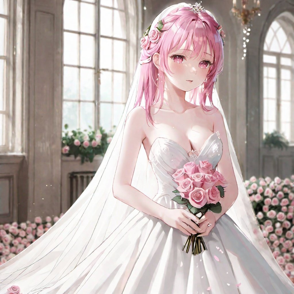 masterpiece, 1 girl, 22 years old, Look at me, Exquisite makeup, Pink hair., Long hair, white wedding dress, Wipe the chest, Indoor, Exquisite decoration, Bright light, Stand, In the middle of the picture, Whole body, Plenty of roses, textured skin, super detail, best quality