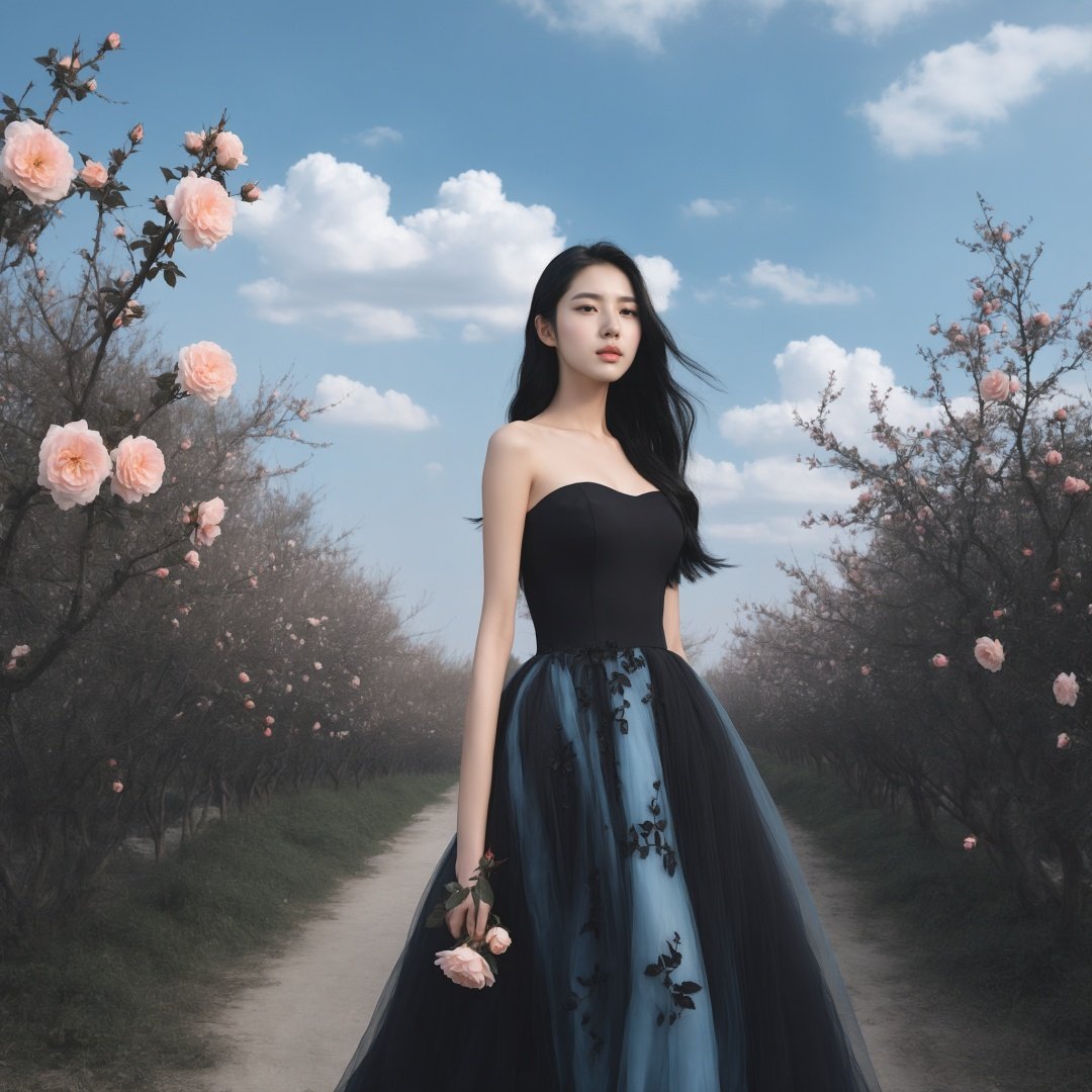 masterpiece, 1 girl, 22 years old, Look at me, Exquisite makeup, Black hair, Long hair, black dress, Outdoor, Light blue sky, Clouds, Garden, Peach blossom, Stand, In the middle of the picture, Whole body, Plenty of roses, textured skin, super detail, best quality<lora:TrueLove-000007:0.5>