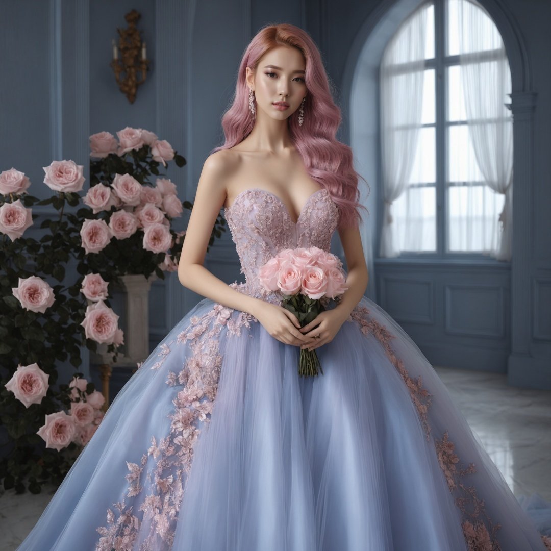 masterpiece, 1 girl, 22 years old, Look at me, Exquisite makeup, Pink hair., Long hair, Blue wedding dress, Wipe the chest, Indoor, Exquisite decoration, Bright light, Stand, In the middle of the picture, Whole body, A cold expression, Plenty of roses, textured skin, super detail, best quality<lora:TrueLove-000007:0.5>