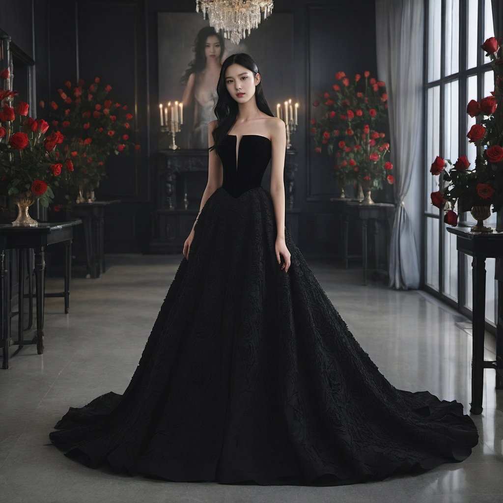 masterpiece, 1 girl, 22 years old, Look at me, Exquisite makeup, Black hair, Long hair, black dress, Indoor, Exquisite decoration, Bright light, Stand, In the middle of the picture, Whole body, Plenty of roses, textured skin, super detail, best quality