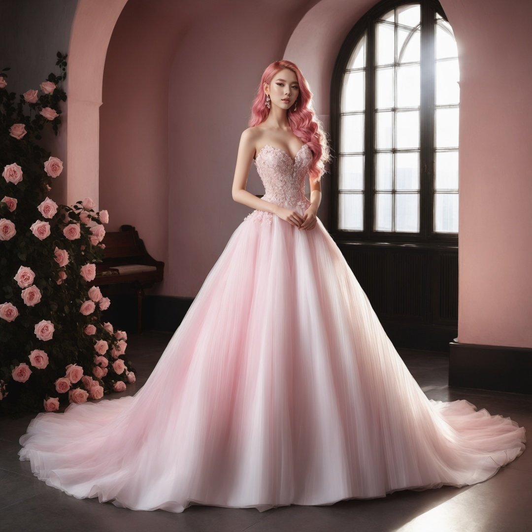 masterpiece, 1 girl, 22 years old, Look at me, Exquisite makeup, Pink hair., Long hair, white wedding dress, Wipe the chest, Indoor, Exquisite decoration, Bright light, Stand, In the middle of the picture, Whole body, Plenty of roses, textured skin, super detail, best quality<lora:TrueLove-000007:0.5>