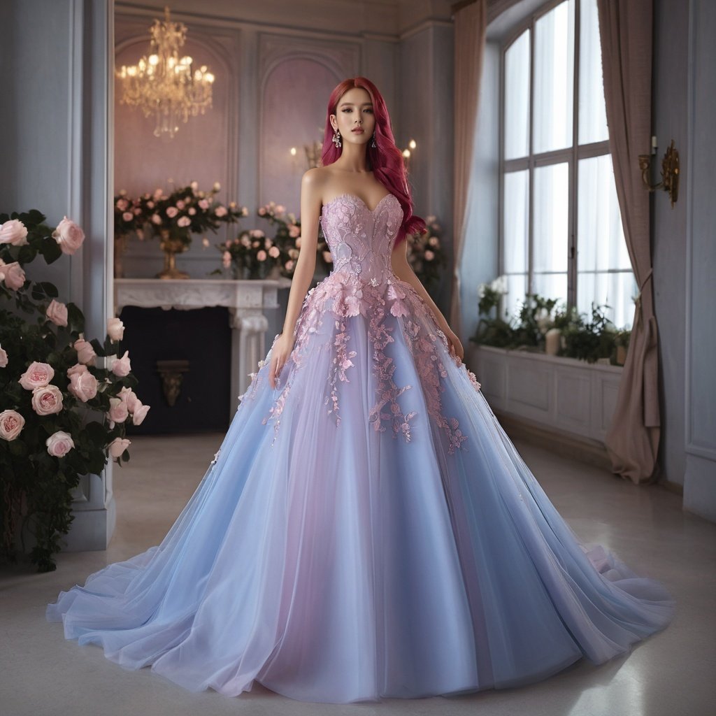 masterpiece, 1 girl, 22 years old, Look at me, Exquisite makeup, Pink hair., Long hair, Blue wedding dress, Wipe the chest, Indoor, Exquisite decoration, Bright light, Stand, In the middle of the picture, Whole body, A cold expression, Plenty of roses, textured skin, super detail, best quality<lora:TrueLove-000007:0.5>