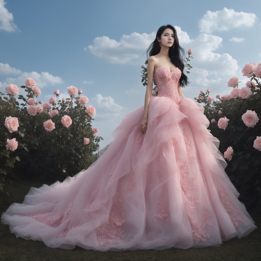 masterpiece, 1 girl, 22 years old, Look at me, Exquisite makeup, Black hair, Long hair, Pink wedding dress, Outdoor, Light blue sky, Clouds, Garden, Stand, In the middle of the picture, Whole body, Plenty of roses, textured skin, super detail, best quality<lora:TrueLove-000007:0.5>