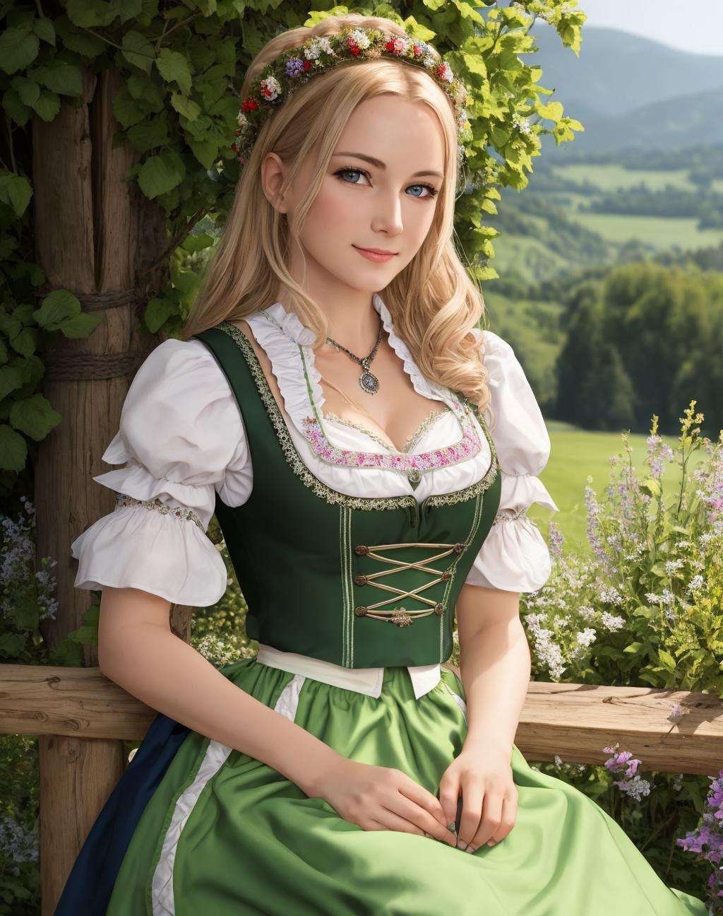 Masterpiece, absurdres, fine detail, HDR, highly detailed face and eyes, photorealistic,  <lora:dirndl:0.75>, dirndl, a woman in traditional bavarian dress poses for a picture , german woman, wearing a dirndl