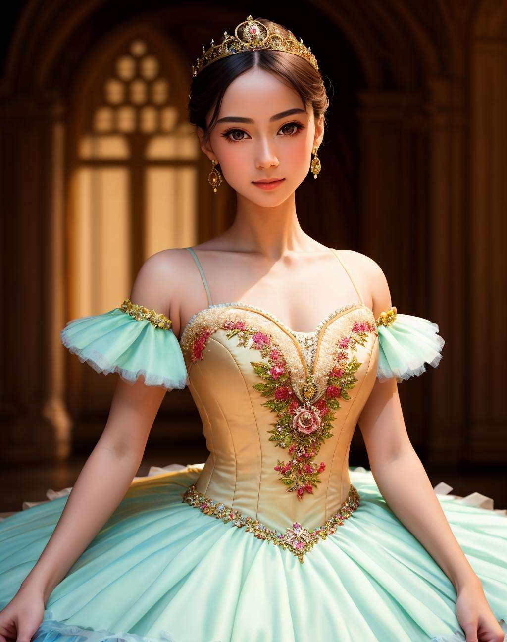 Masterpiece, absurdres,HDR ,highly detailed eyes and face, Primaballerina_tutu,  a woman in a ballgown is posing for a picture ,wearing a Primaballerina_tutu, wearing a ballgown, cowboy shot<lora:ballgownBallerina:0.7>