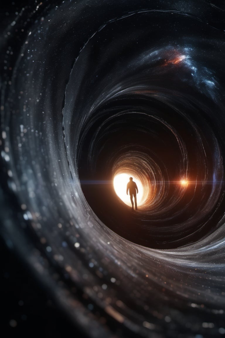 (a person) traveling through a black hole, (time and space) intertwining, (cinematic lighting), (wide-angle lens), high octane, HD, (movie poster style).