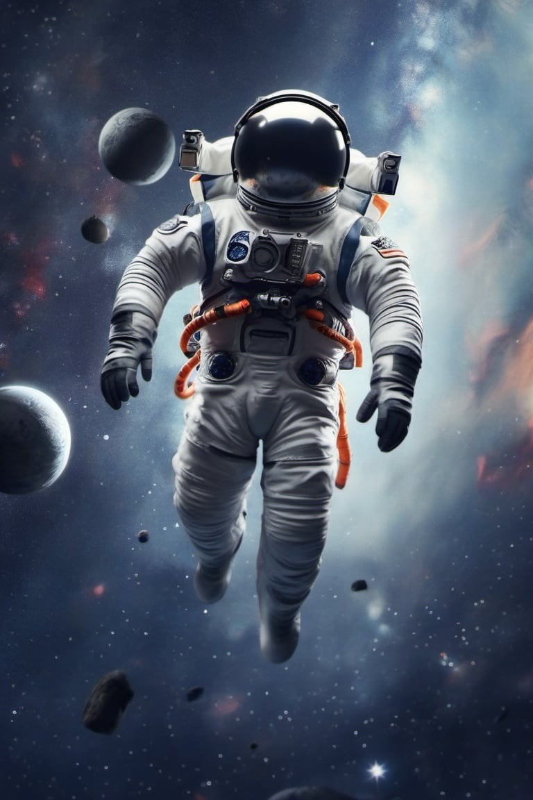 space, solo, spacesuit, floating, astronaut, male focus, debris, 1boy, planet, helmet, star (sky), full body, 1other, space helmet