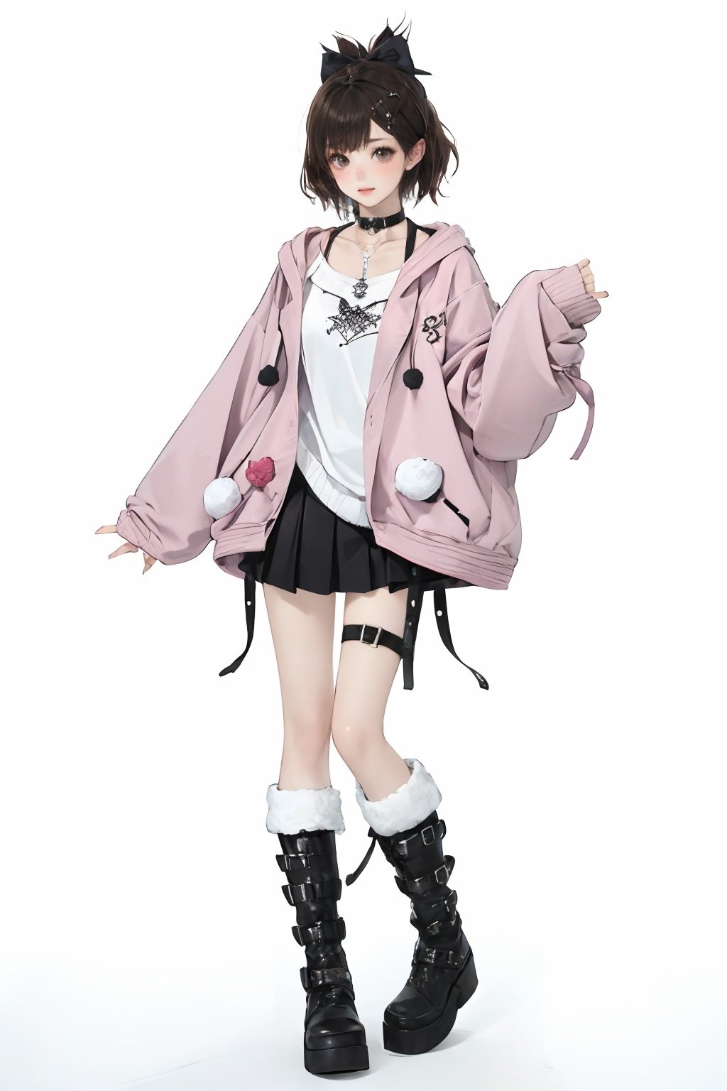 qzchuanda, 1girl, solo, boots, brown hair, white background, full body, simple background, black footwear, sleeves past wrists, skirt, hood, hoodie, thigh strap, choker, standing, collar, hair bow, short hair, brown eyes, bow, pom pom \(clothes\), fur trim, long sleeves, sleeves past fingers, jewelry, sweater