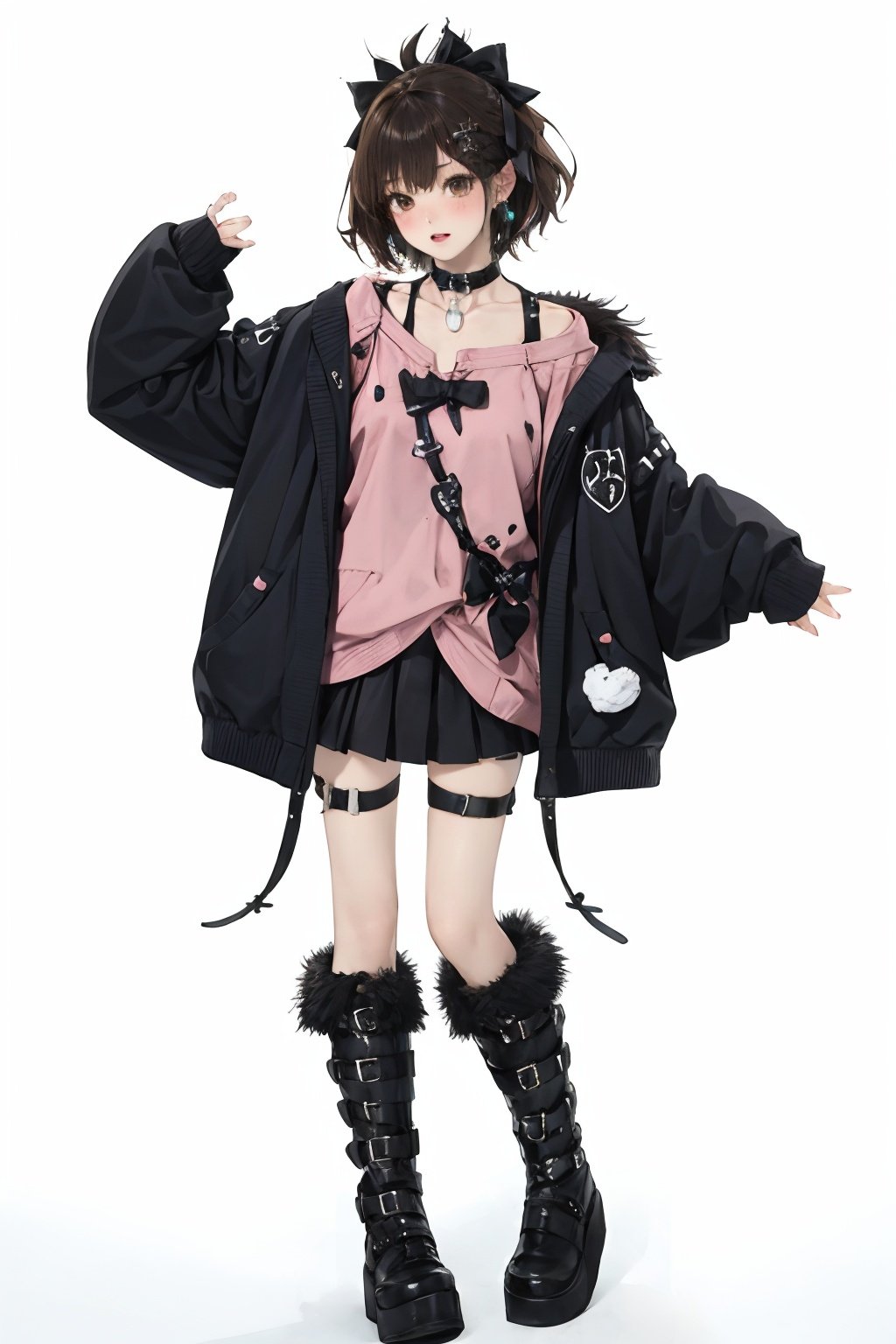 qzchuanda, 1girl, solo, boots, brown hair, white background, full body, simple background, black footwear, sleeves past wrists, skirt, hood, hoodie, thigh strap, choker, standing, collar, hair bow, short hair, brown eyes, bow, pom pom \(clothes\), fur trim, long sleeves, sleeves past fingers, jewelry, sweater