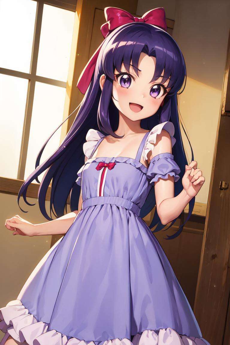 masterpiece, best quality, absurdres, perfect anatomy, 1girl, solo, hikawaIona, long hair, cute, long dress, purple dress, frills, bow, :d, sparkles, sparkling, smile, indoors, standing, <lora:CureFortune:0.9>