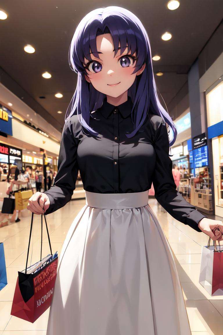 masterpiece, best quality, absurdres, perfect anatomy, 1girl, solo, hikawaIona, long hair, high-waist skirt, long skirt, white skirt, black shirt, long sleeves, smile, standing, indoors, shopping mall, <lora:CureFortune:0.9>