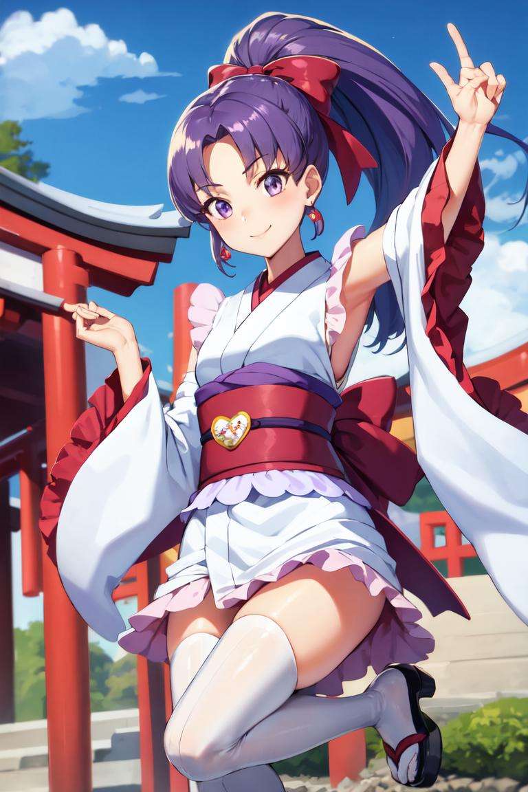 masterpiece, best quality, absurdres, perfect anatomy, 1girl, solo, anmitsuKomachi, long hair, high ponytail, bow-shaped hair, japanese clothes, white kimono, detached sleeves, white thighhighs, frills, sash, festival, shrine, outdoors, smile, <lora:CureFortune:0.8>