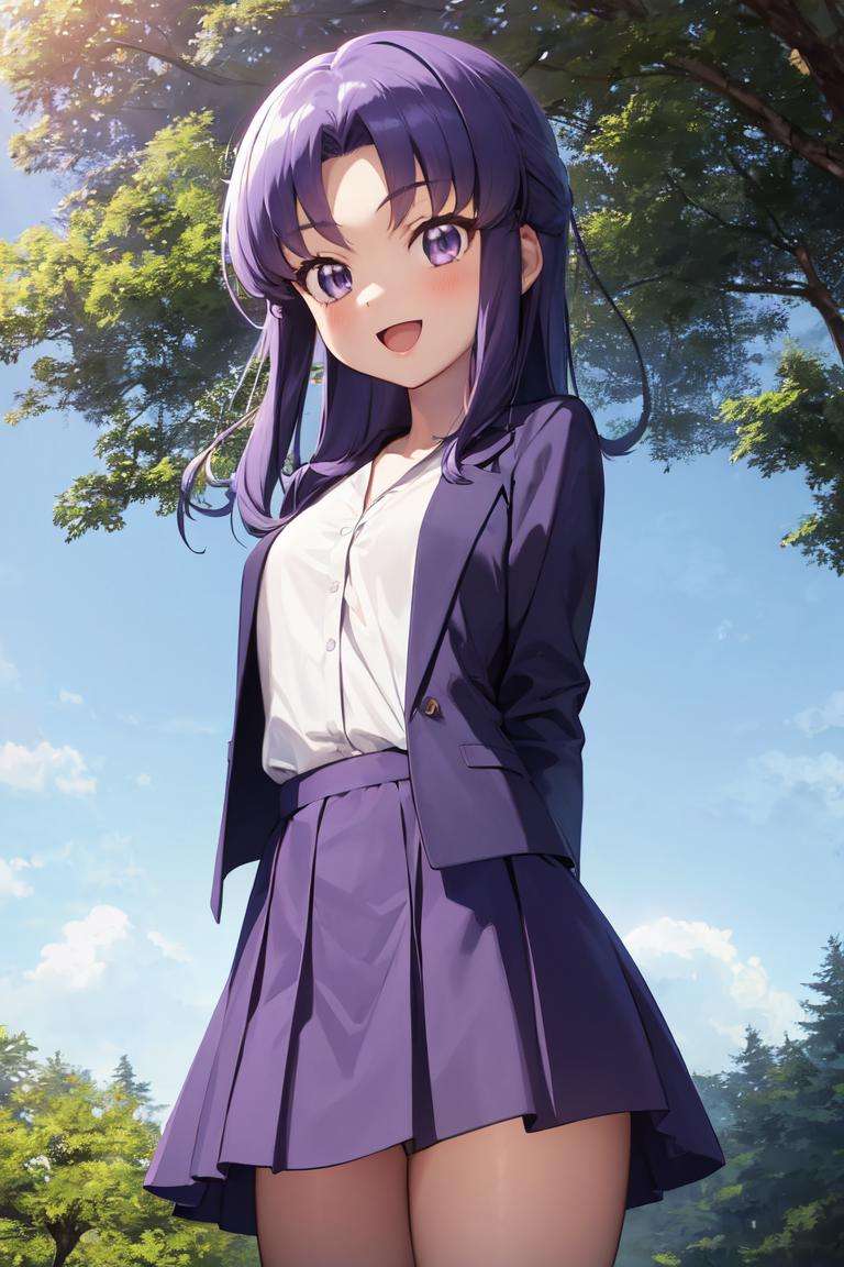 masterpiece, best quality, absurdres, perfect anatomy, 1girl, solo, hikawaIona, long hair, white shirt, purple skirt, purple jacket, smile, :d, outdoors, arms behind back, <lora:CureFortune:0.9>