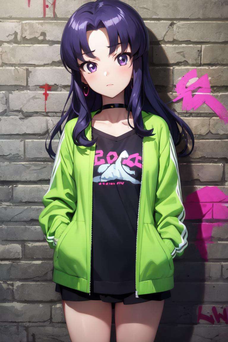 masterpiece, best quality, absurdres, perfect anatomy, 1girl, solo, hikawaIona, long hair,  earrings, choker, neon shirt, open jacket, turtleneck sweater, night, against wall, brick wall, graffiti, dim lighting, alley, looking at viewer, <lora:CureFortune:0.9>
