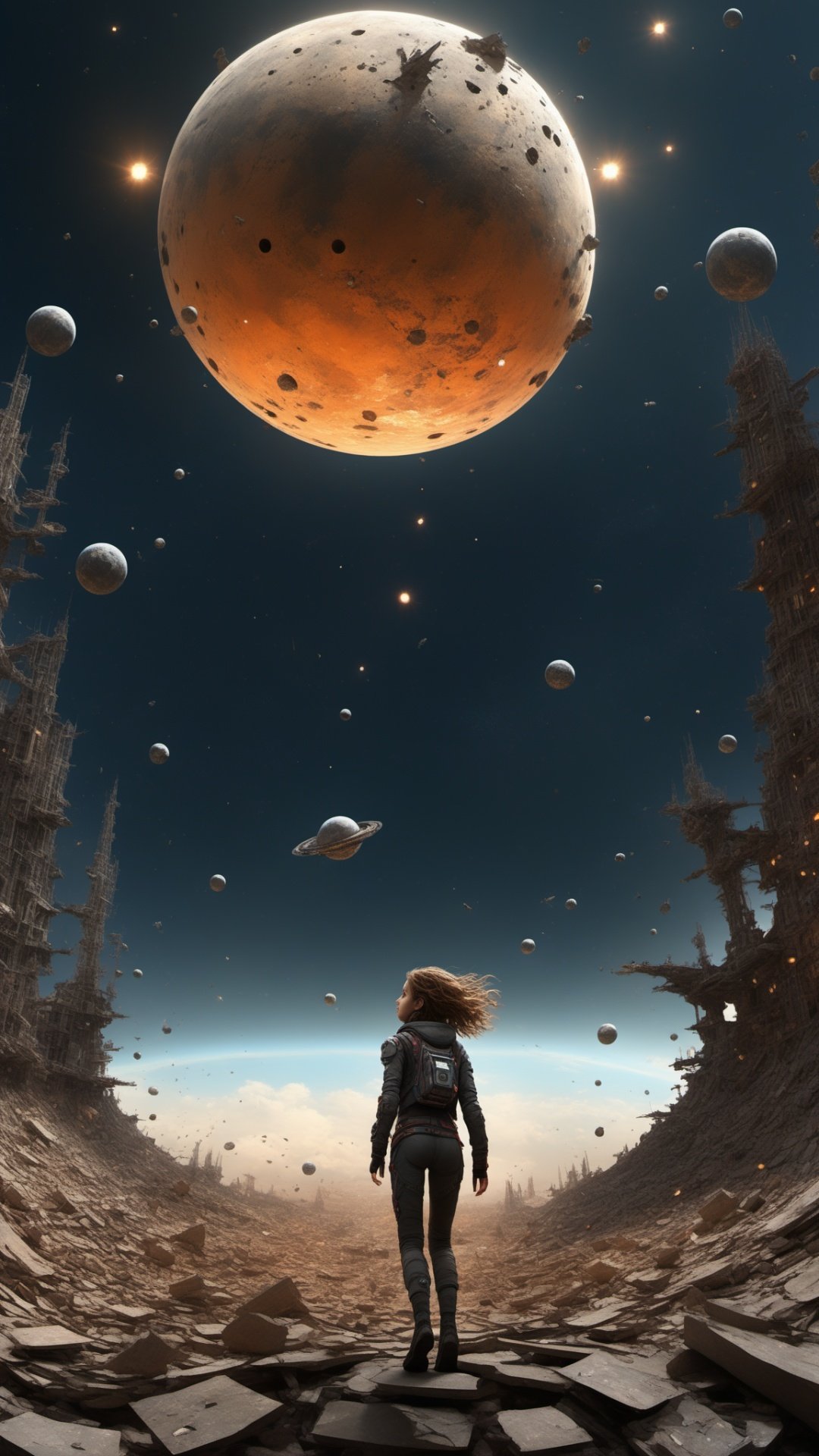 1girl,looking from above,the space,afloat,moons,Running position,Wide-angle lens distortion,rock,3D Model,Cinematic,(masterpiece:1.4),Rebellious girl,NVDI,building,A high resolution,ultra - detailed,<lora:SDXL_Alien_garbage:0.7>,star_\(sky\),space,spacecraft,debris,