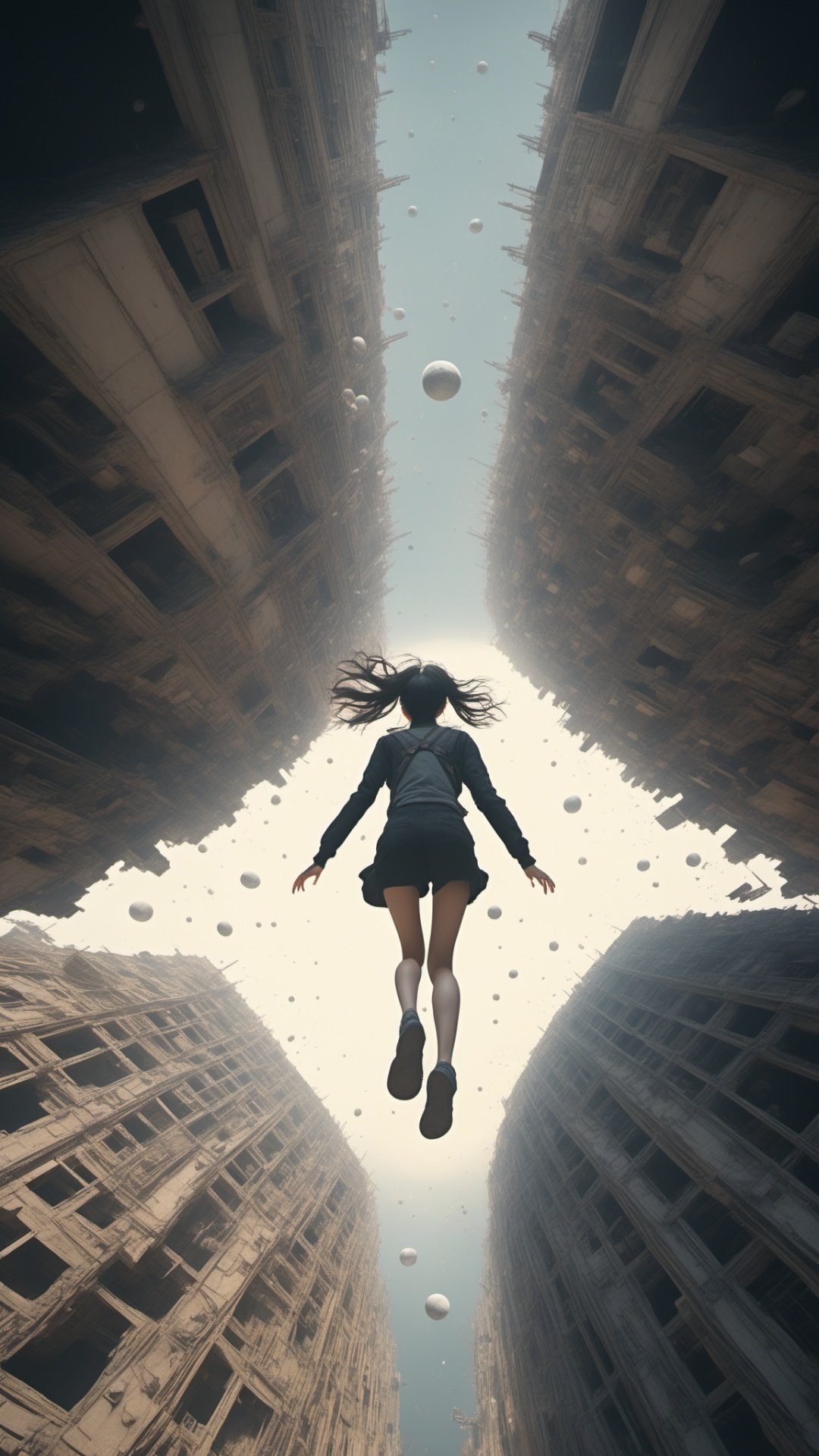 A high resolution,ultra - detailed,1girl,looking from above,the space,afloat,moons,Running position,Wide-angle lens distortion,Photographic,Analog Film,Cinematic,(masterpiece:1.4),Rebellious girl,NVDI,building,wujie,ft,<lora:SDXL_Alien_garbage:0.7>,