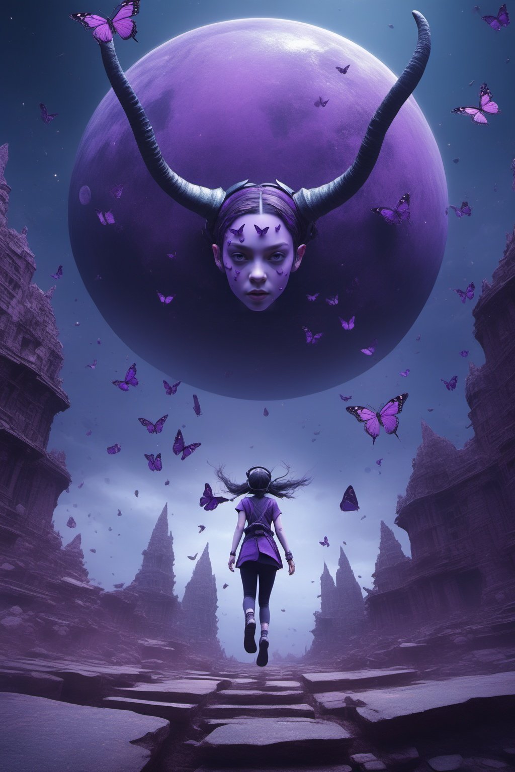 2girl,two horns on his head,looking from above,the space,afloat,moons,Running position,Wide-angle lens distortion,purple butterfly,rock,Photographic,3D Model,Cinematic,(masterpiece:1.4),Rebellious girl,NVDI,building,A high resolution,ultra - detailed,<lora:SDXL_Alien_garbage:0.7>,