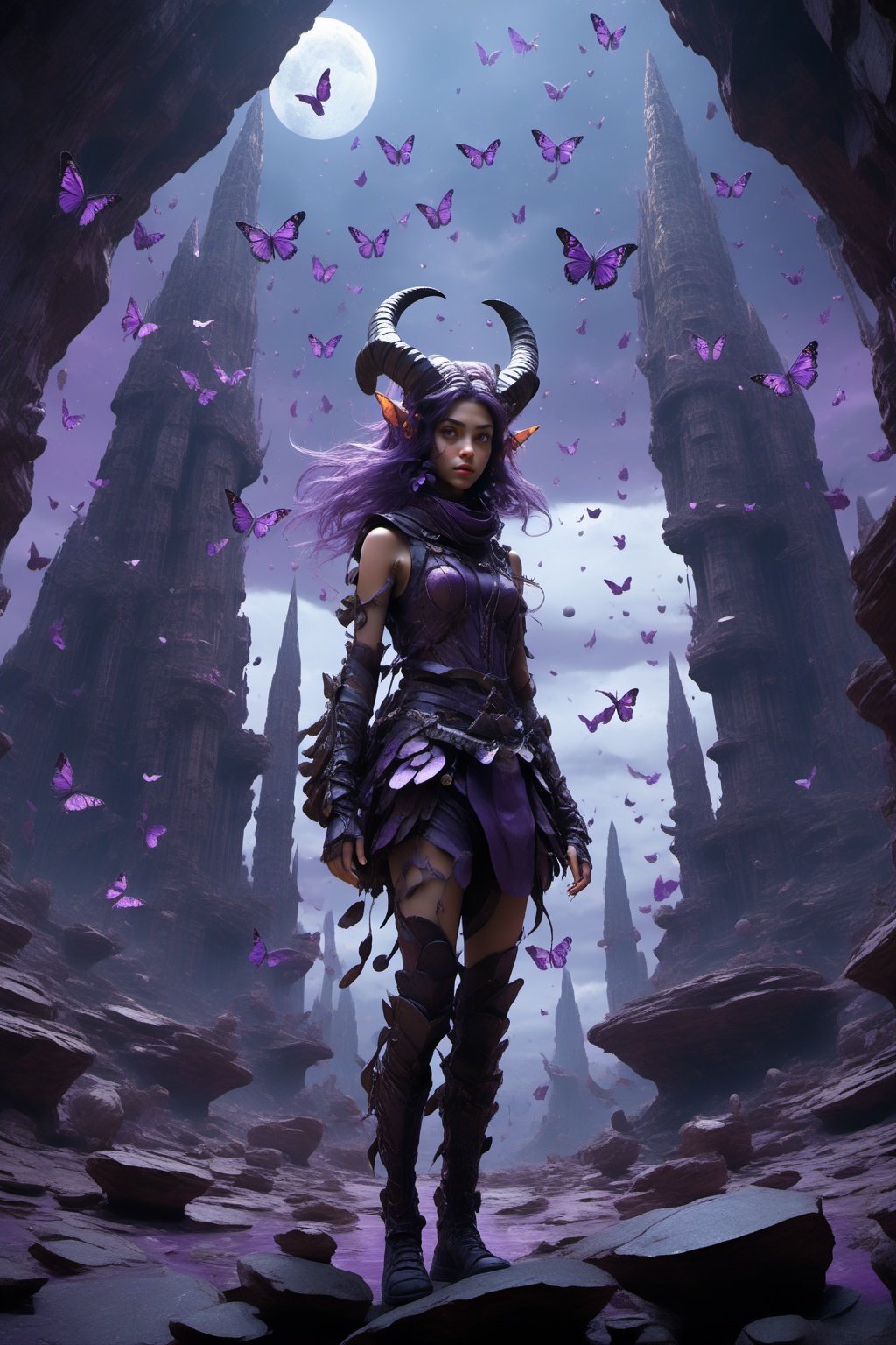 2girl,two horns on his head,looking from above,the space,afloat,moons,Running position,Wide-angle lens distortion,purple butterfly,rock,Photographic,3D Model,Cinematic,(masterpiece:1.4),Rebellious girl,NVDI,building,A high resolution,ultra - detailed,<lora:SDXL_Alien_garbage:0.7>,<lora:Blue_butterfly_SDXL1.0:0.5>,<lora:Fallen_angel_SDXL1.0:0.7>,