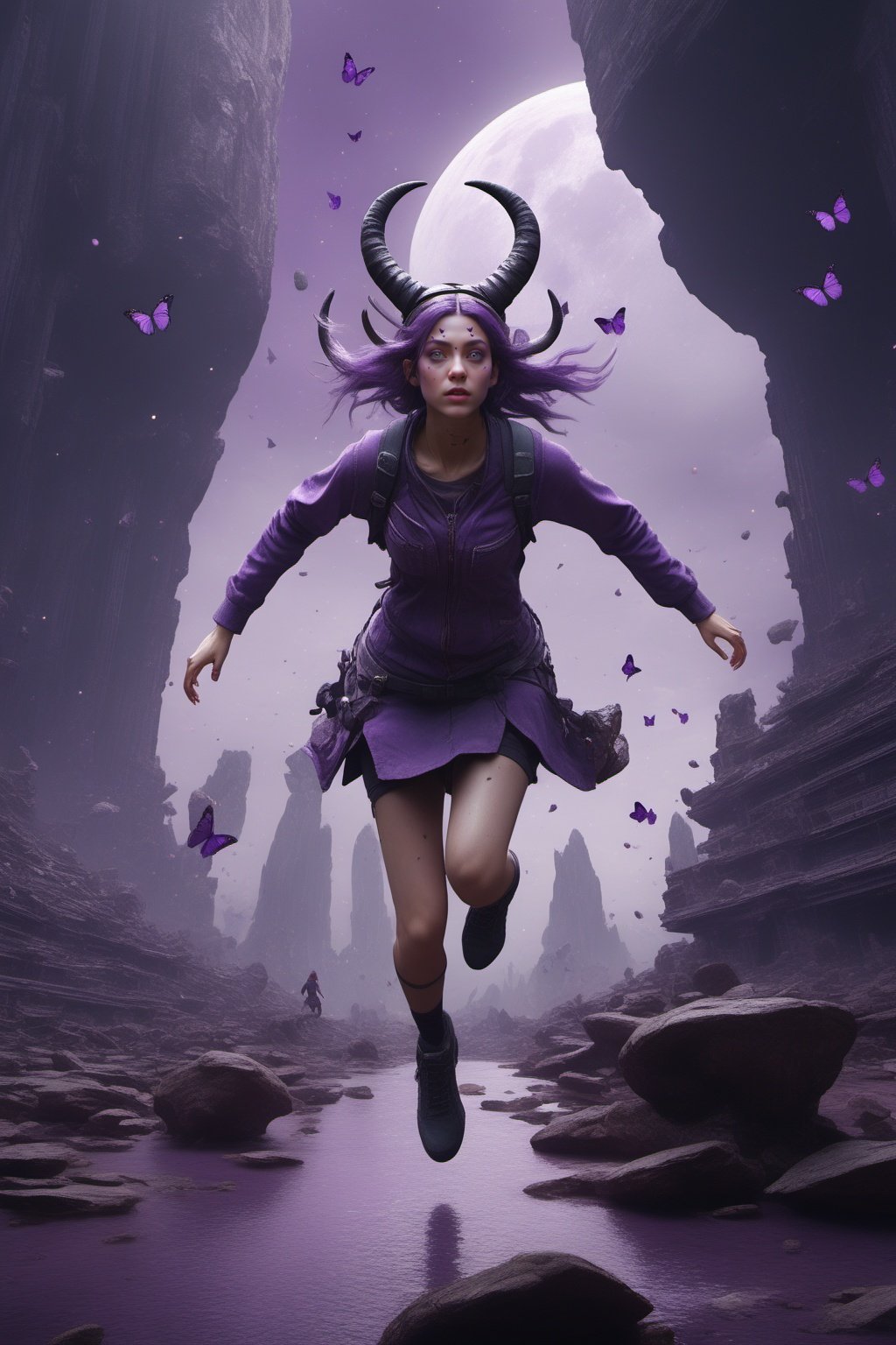 2girl,two horns on his head,looking from above,the space,afloat,moons,Running position,Wide-angle lens distortion,purple butterfly,rock,Photographic,3D Model,Cinematic,(masterpiece:1.4),Rebellious girl,NVDI,building,A high resolution,ultra - detailed,<lora:SDXL_Alien_garbage:0.7>,
