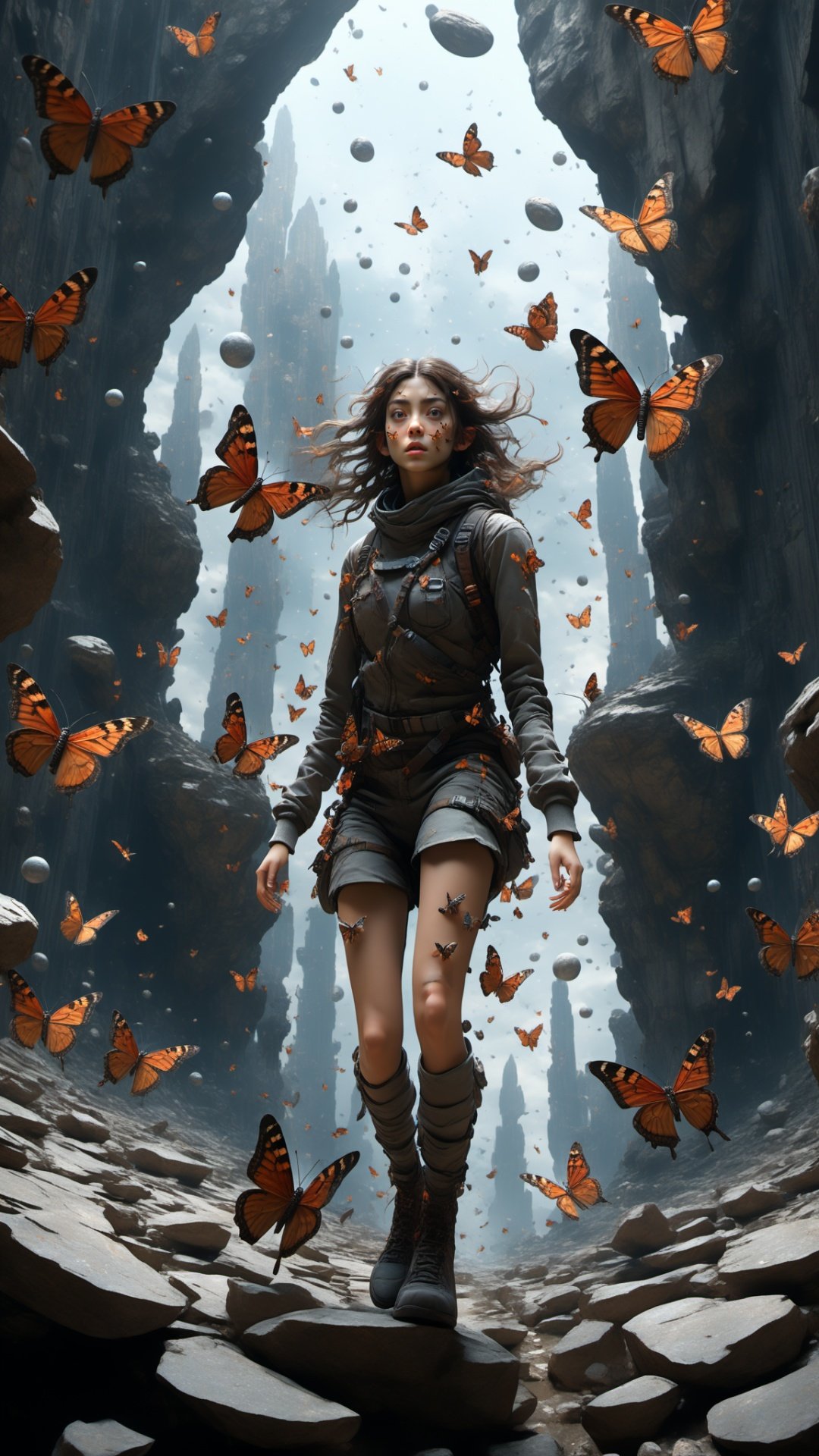 3girl,two right angles on the head,looking from above,the space,afloat,moons,Running position,Wide-angle lens distortion,butterfly,rock,Photographic,3D Model,Cinematic,(masterpiece:1.4),Rebellious girl,NVDI,building,A high resolution,ultra - detailed,<lora:SDXL_Alien_garbage:0.7>,<lora:Blue_butterfly_SDXL1.0:0.5>,<lora:Fallen_angel_SDXL1.0:0.7>,