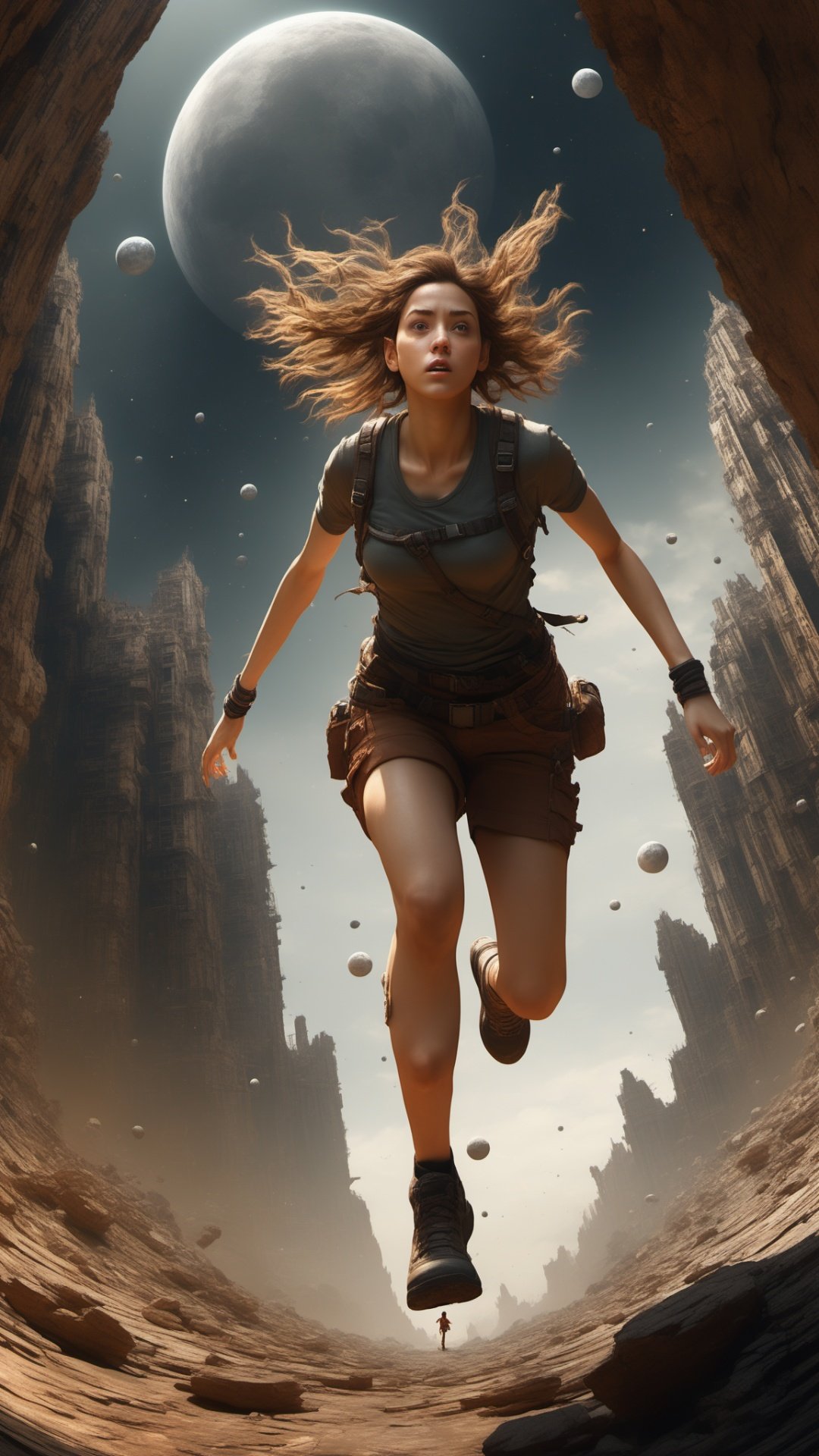 3girl,looking from above,the space,afloat,moons,Running position,Wide-angle lens distortion,rock,Photographic,3D Model,Cinematic,(masterpiece:1.4),Rebellious girl,NVDI,building,A high resolution,ultra - detailed,<lora:SDXL_Alien_garbage:0.7>,