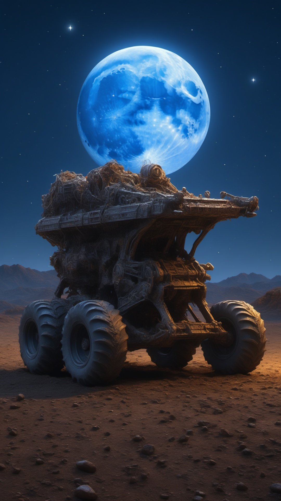 BJ_Alien_garbage, outdoors, sky, no_humans, night, moon, ground_vehicle, star_\(sky\), night_sky, scenery, motor_vehicle, full_moon, starry_sky,3D Model,8k,intricate,highly detailed,hdr,high definition,<lora:SDXL_Alien_garbage:0.7>,