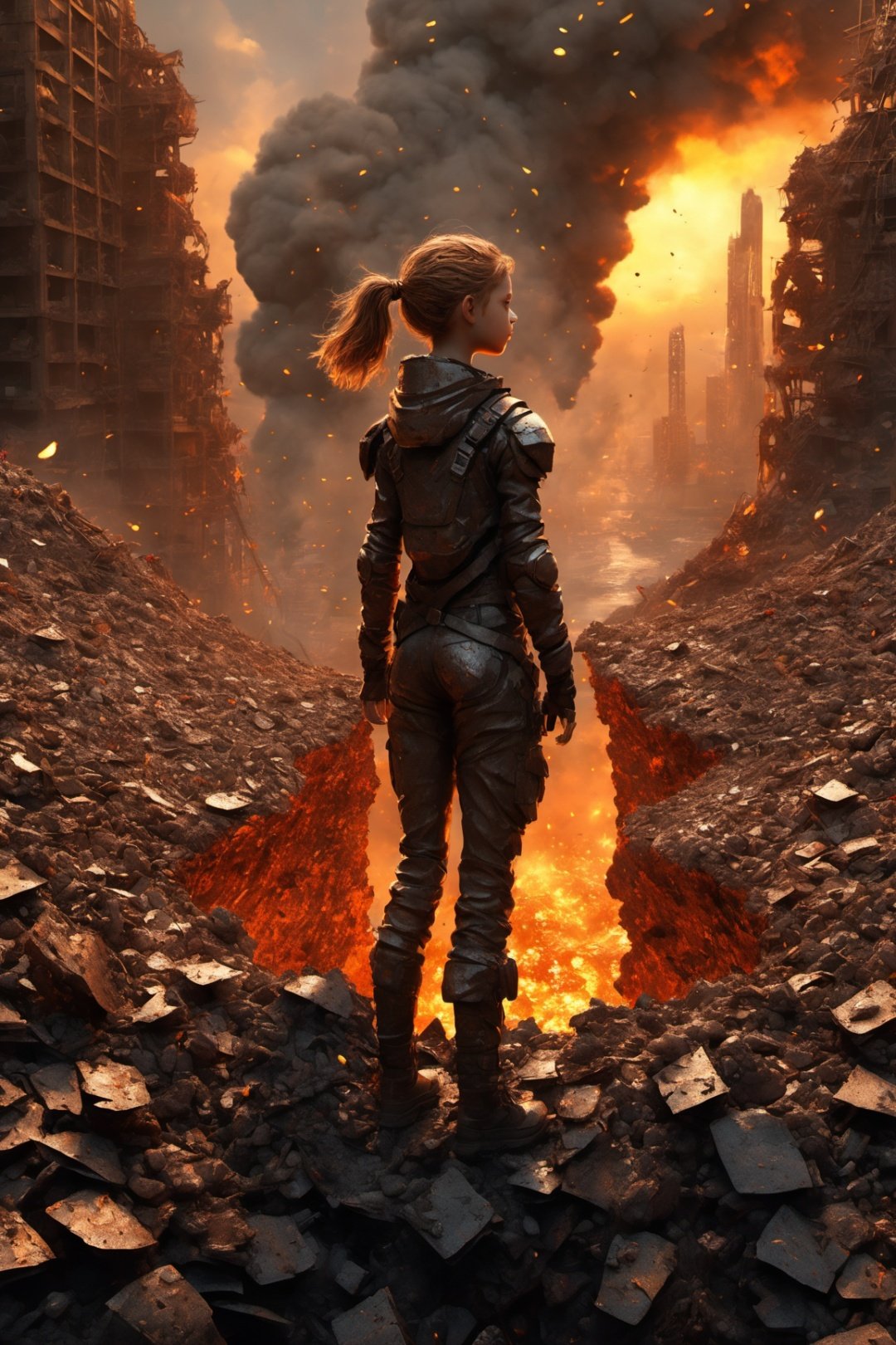 1girl,looking from above,afloat,
BJ_Alien_garbage,no_humans,science_fiction,rock,debris,molten_rock,
Photographic,3D Model,Cinematic,(masterpiece:1.4),Rebellious girl,NVDI,building,A high resolution,ultra - detailed