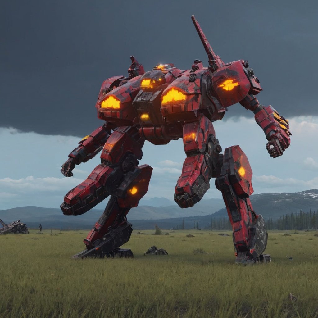 masterpiece, best quality, 8k, ultra high resolution, an psychedelic mecha, (((children playing near))),  surreal, solo, fiery epic background,  art by simon stalenhag,<lora:armoredcore-000009:0.8>