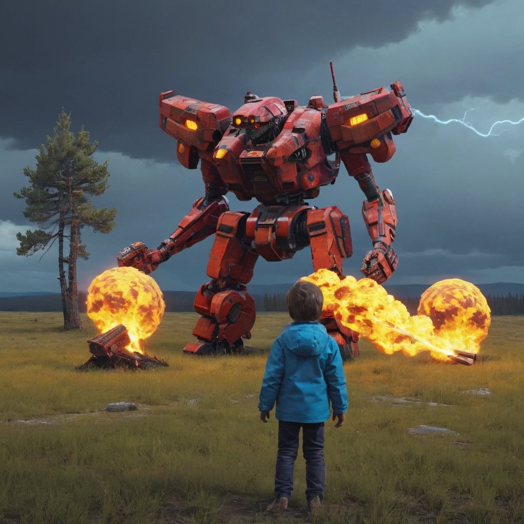 masterpiece, best quality, 8k, ultra high resolution, an psychedelic mecha, (((children playing near))),  surreal, solo, fiery epic background,  art by simon stalenhag,<lora:armoredcore-000009:0.8>