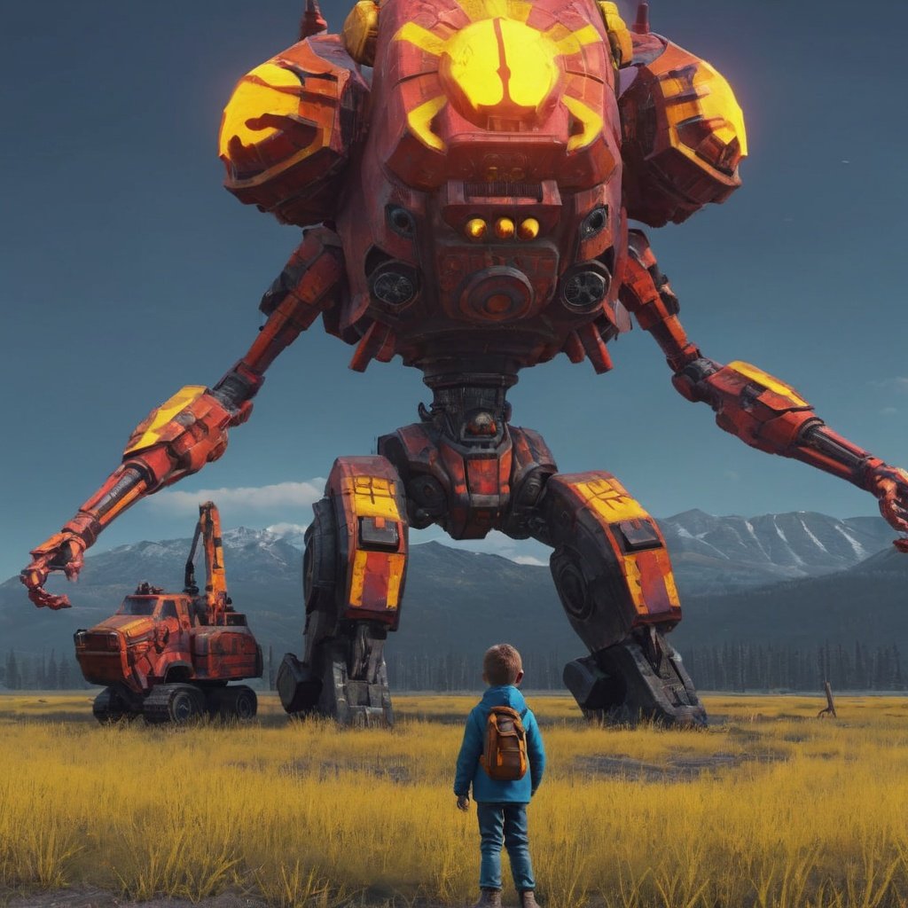 masterpiece, best quality, 8k, ultra high resolution, an psychedelic mecha, (((children playing near))),  surreal, solo, fiery epic background,  art by simon stalenhag,<lora:armoredcore-000009:0.8>