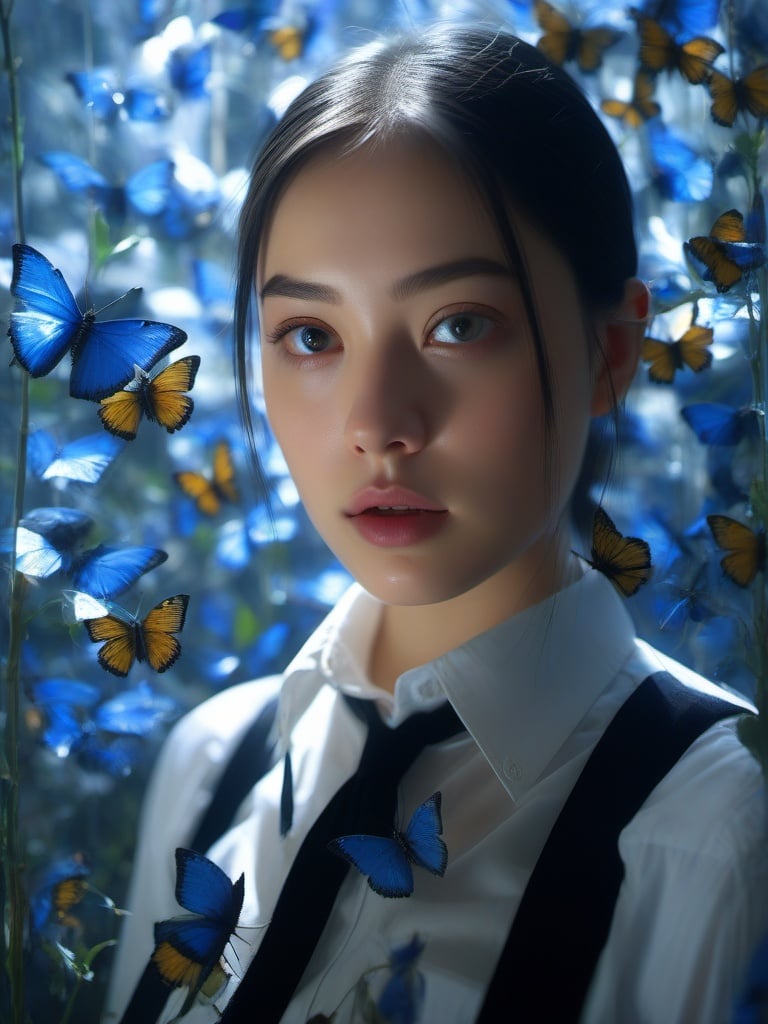 BJ_Blue_butterfly,1girl,solo,looking_at_viewer,shirt,black_hair,white_shirt,parted ips,collared_shirt,blurry,black_eyes,lips,bug,golden butterfly,realistic,nose,blue_butterfly,lipstick,Photographic,Analog Film,photo,8k,digital photography,masterpiece,sidelighting,hdr,realistic,(high definition:1.2),(best quality, masterpiece, photorealistic, realistic),(finely detailed beautiful eyes:1.2),<lora:Blue_butterfly_SDXL_test1:0.7>,