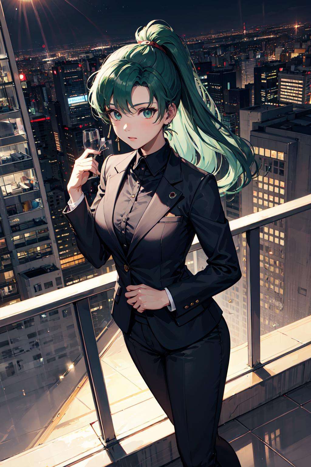 lyn_(fire_emblem) , high ponytail, green eyes. <lora:Lyndis-03:0.8>, standing, facing viewer, business suit, suit, black suit, office woman, cityscape, 