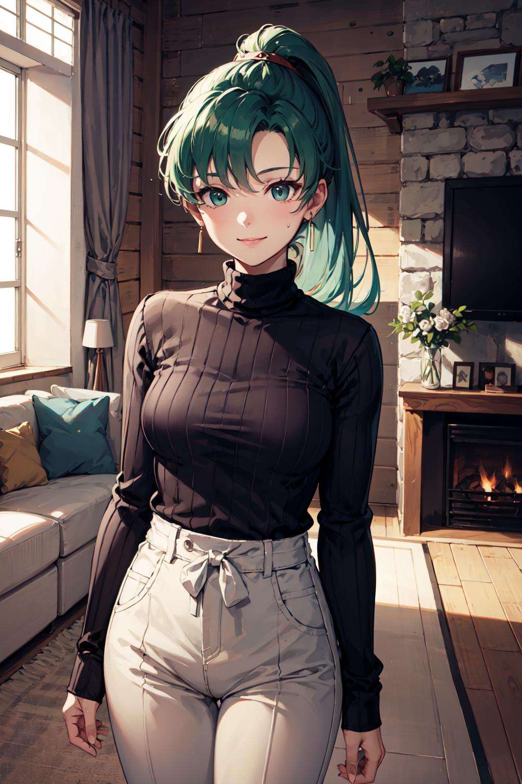 lyn_(fire_emblem) , high ponytail, green eyes. <lora:Lyndis-03:0.8>, standing, facing viewer, sweater, turtleneck sweater, sweatpants, smile, living room