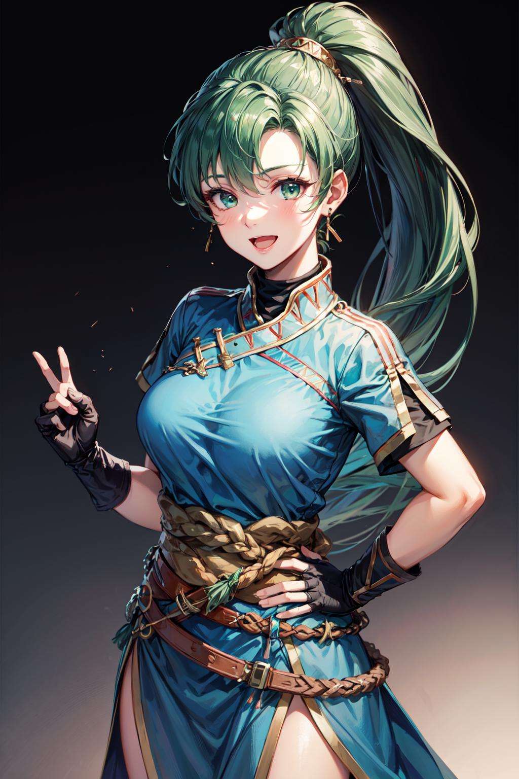 lyn_(fire_emblem), 1girl, solo, green hair, long hair, green eyes, high ponytail, blue dress, large breast, jewelry, simple background, fingerless gloves. hair ornament <lora:Lyndis-03:1>, standing, hand on hip, facing viewer, smile, open mouth,  <lora:add_detail:0.6>  <lora:GoodHands-vanilla:1> perfect hands, good hands