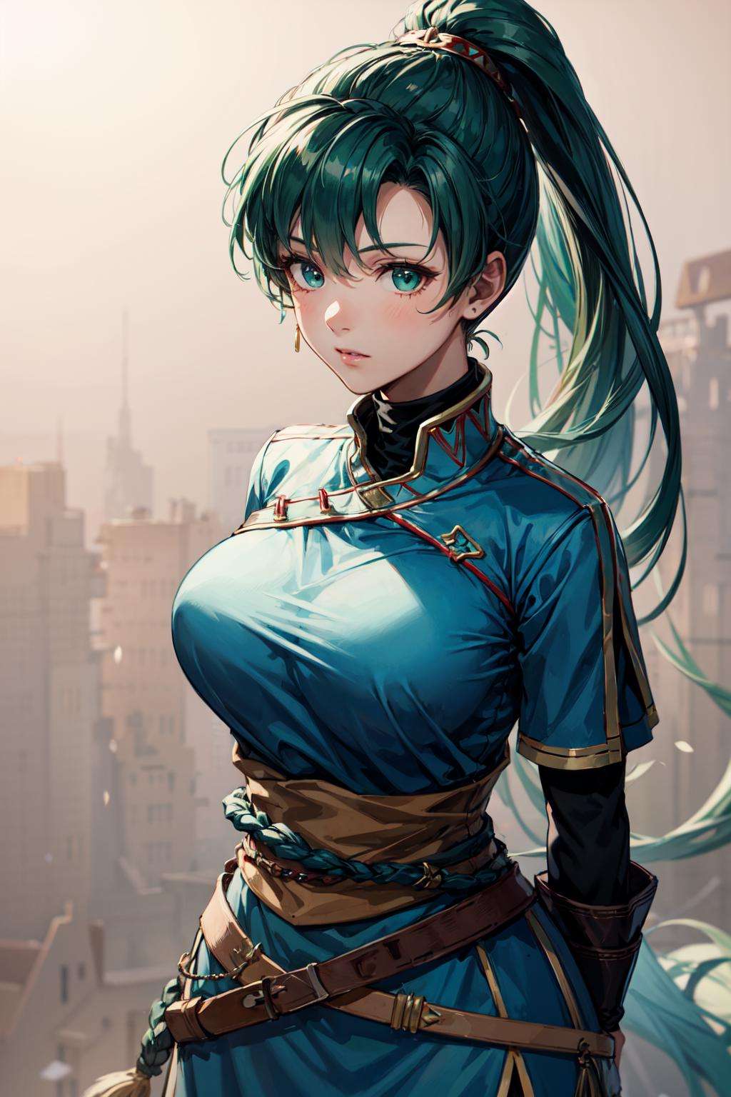 lyn_(fire_emblem), 1girl, solo, green hair, long hair, green eyes, high ponytail, blue dress, large breast, jewelry, simple background, fingerless gloves. hair ornament <lora:Lyndis-03:1>, standing, facing viewer, <lora:add_detail:0.6>, arms behind back:1.1, 