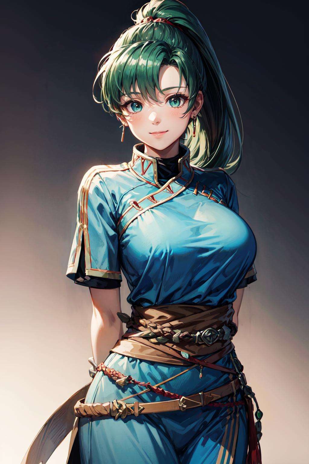 lyn_(fire_emblem), 1girl, solo, green hair, long hair, green eyes, high ponytail, blue dress, large breast, jewelry, simple background, fingerless gloves. hair ornament <lora:Lyndis-03:1>, standing, arms behind back, facing viewer, smile <lora:add_detail:0.7>